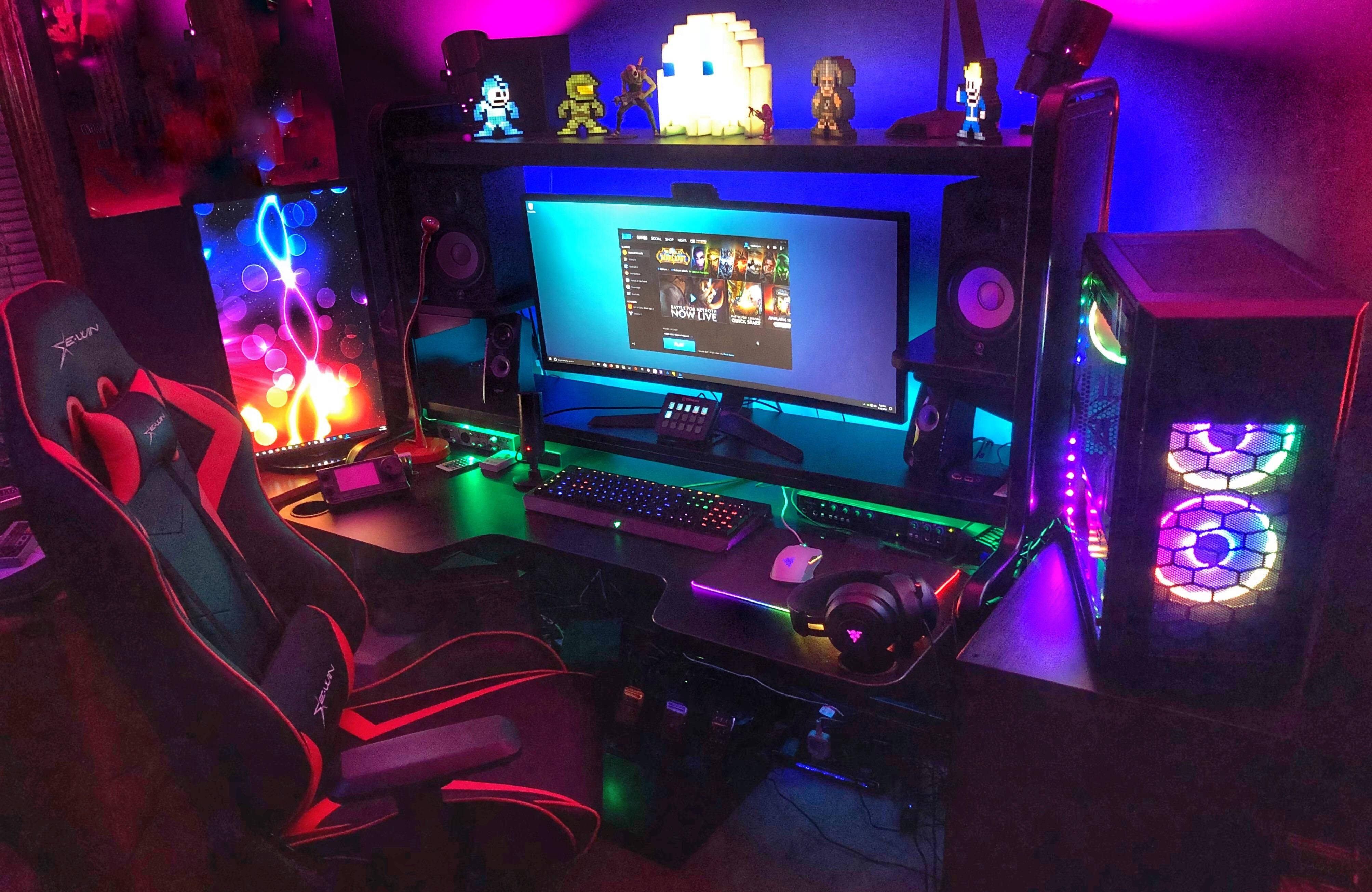 Gaming Room, RGB lighting, glowing monitor, 4K Desktop Wallpaper