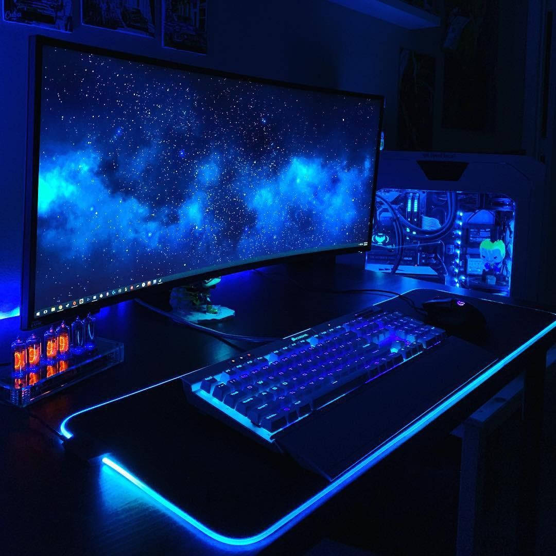 Gaming Room, neon blue, starry nebula monitor, SD Desktop Wallpaper