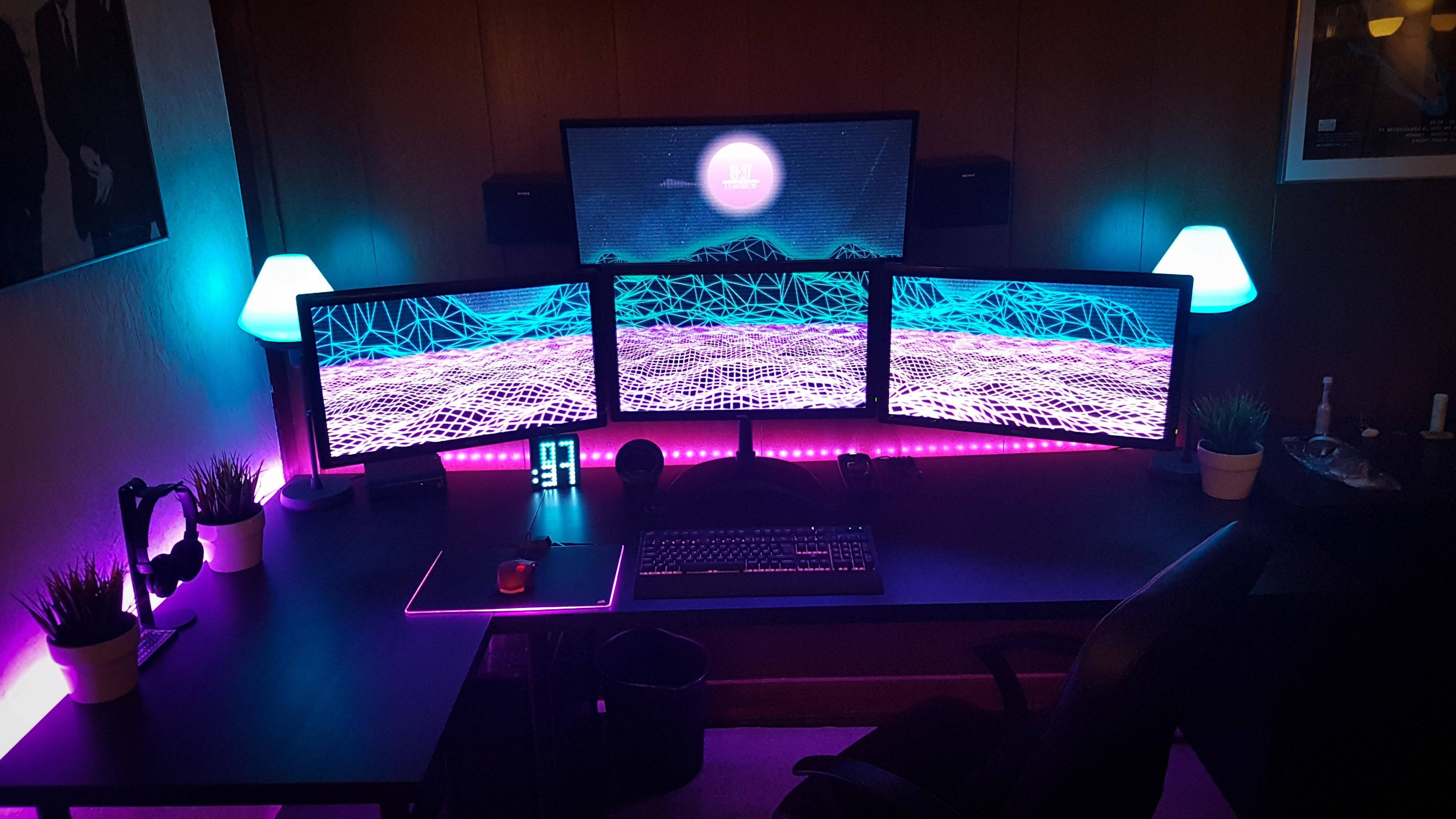 Gaming Room, neon purple, blue lights, 4K Desktop Wallpaper