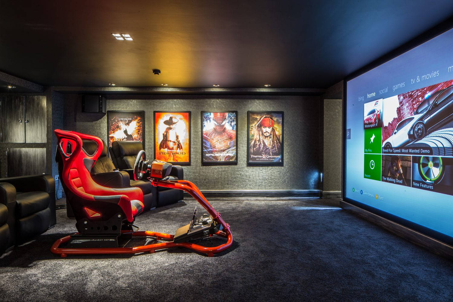 Gaming Room, cinema screen, red racing simulator chair, HD Desktop Wallpaper