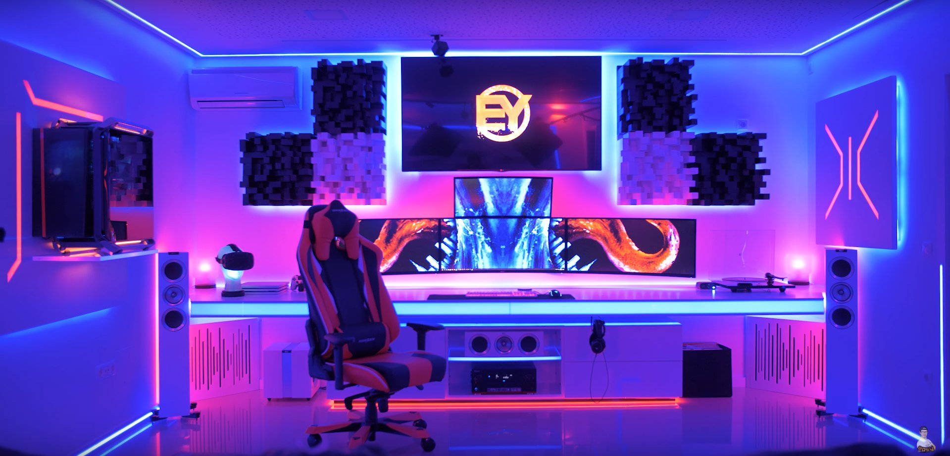 Gaming Room, neon blue, pink, HD Desktop Wallpaper