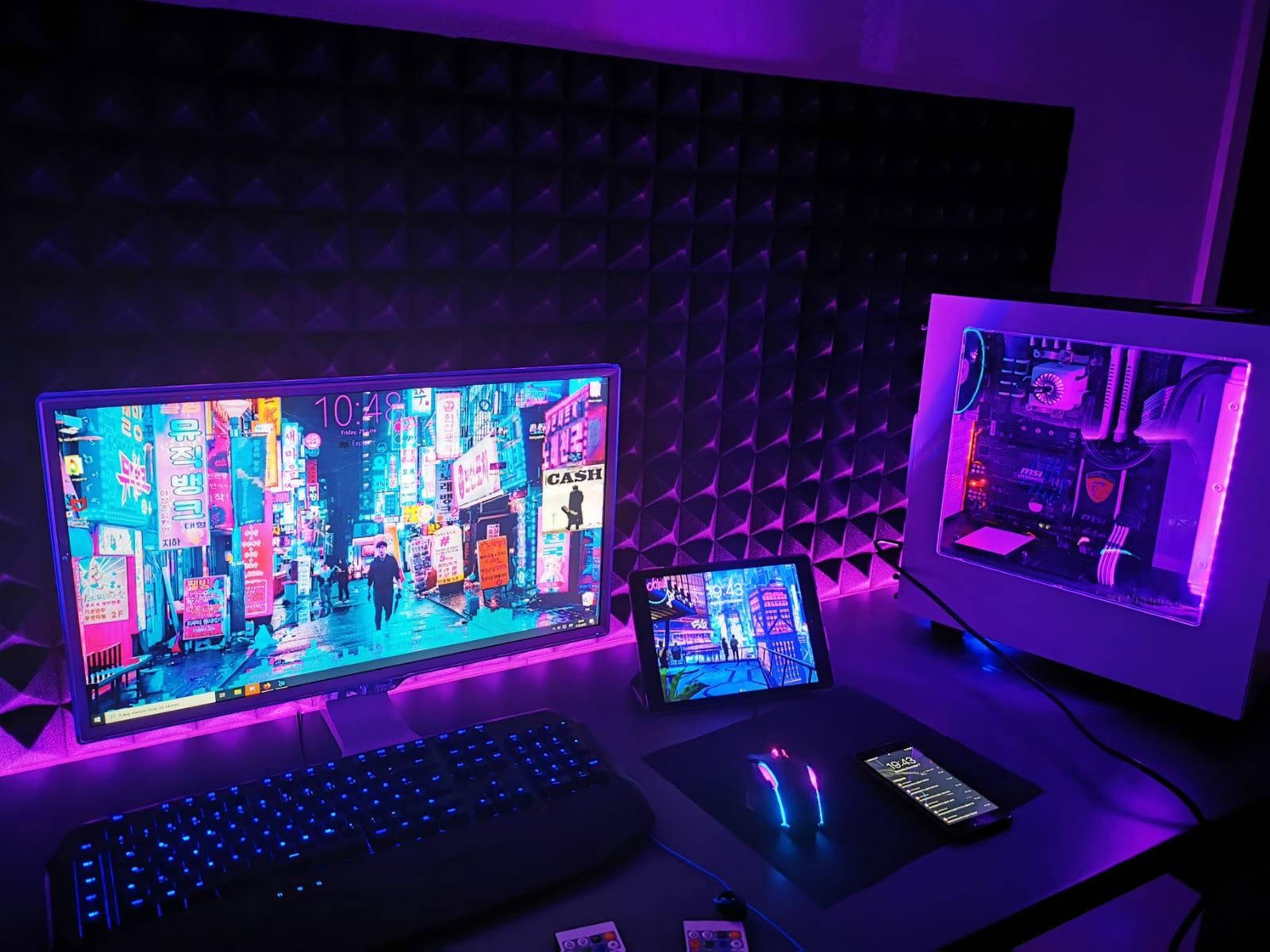 gaming room, glowing purple, vibrant neon cityscape, HD Desktop Wallpaper
