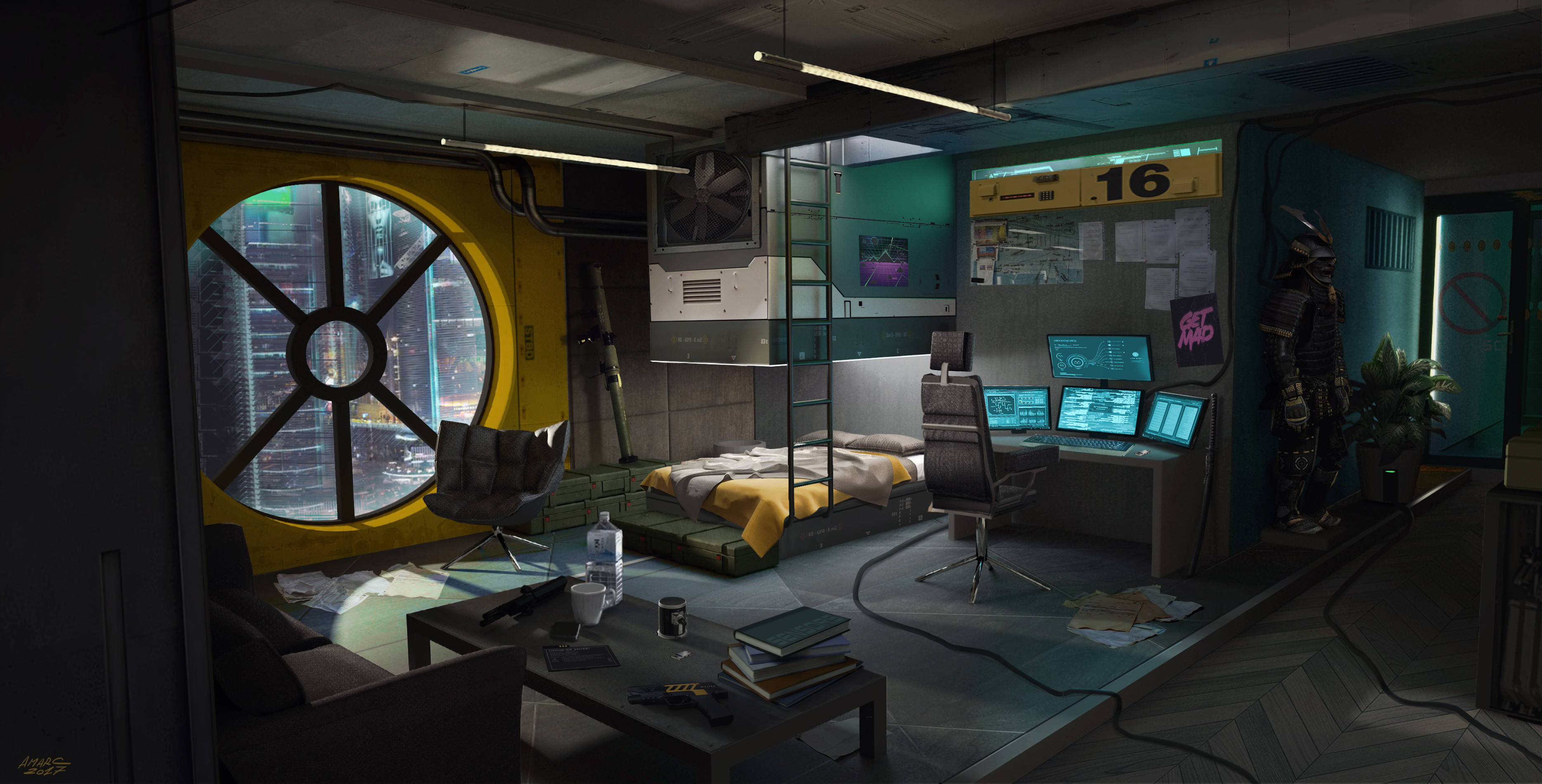 Gaming Room, cyberpunk interior, neon cityscape, 2K Desktop Wallpaper