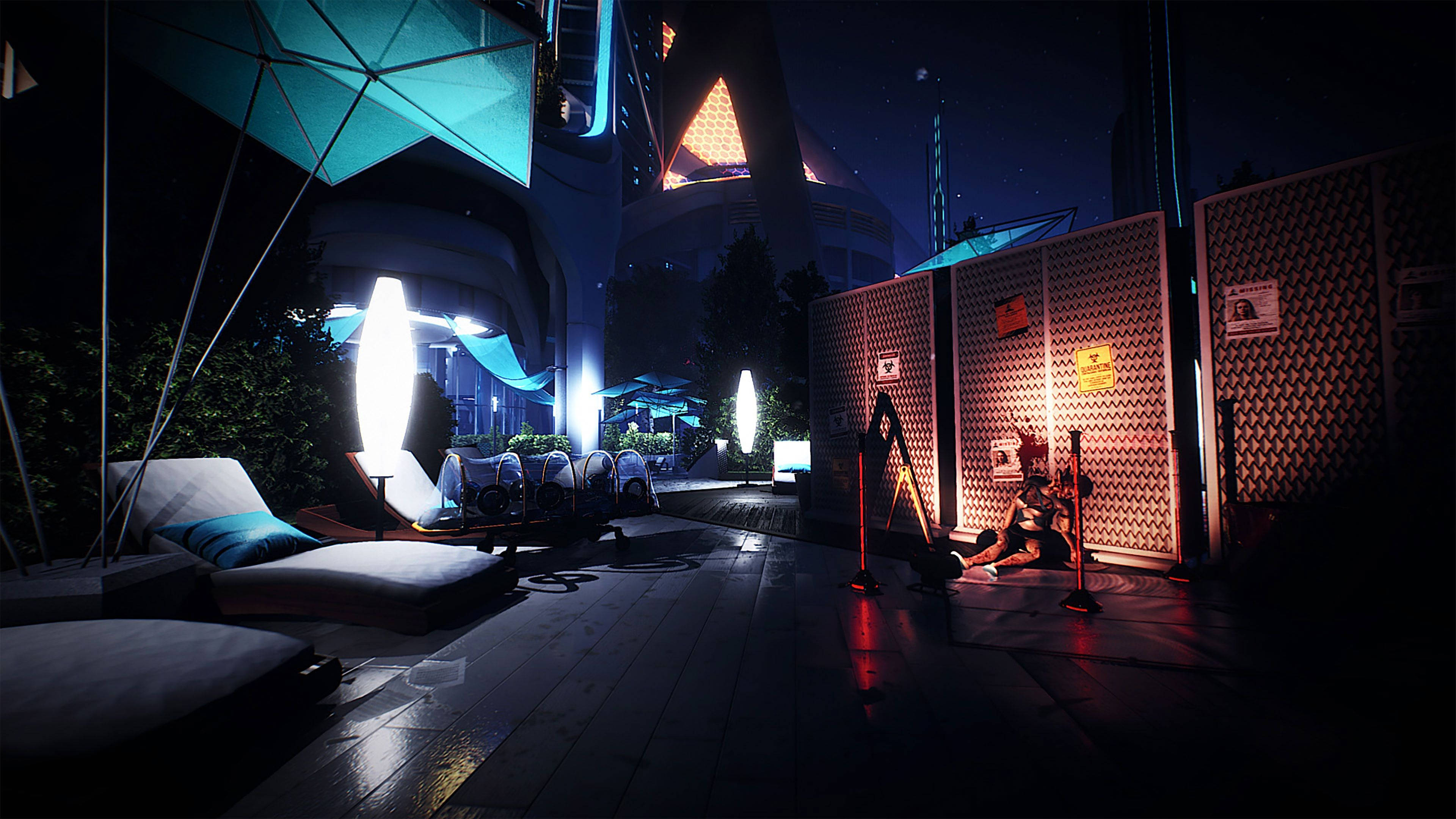 futuristic night scene, glowing neon lights, lounge chairs, 4K Desktop Wallpaper