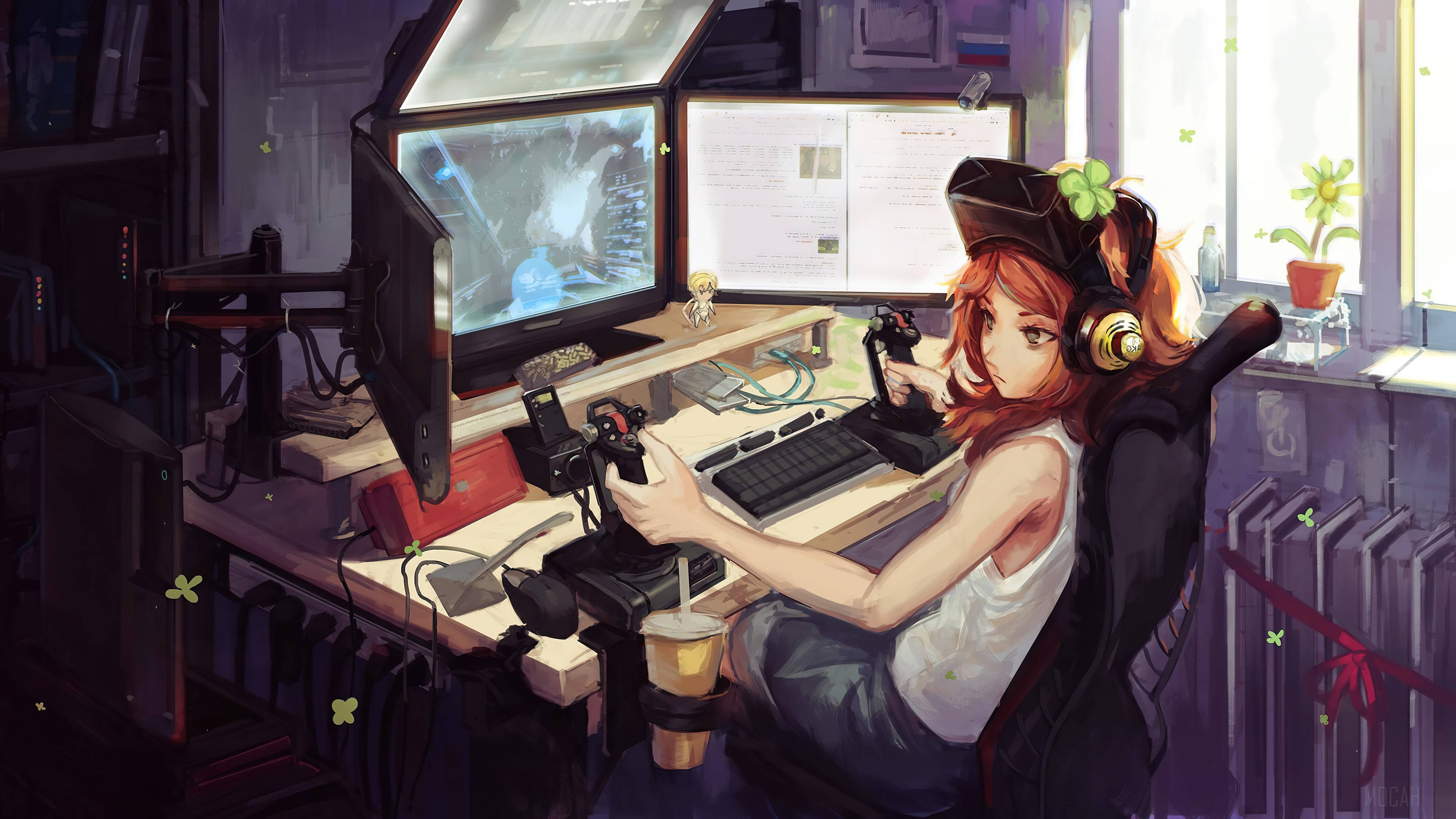 anime redhead girl, gaming laptop workstation, dual-monitor setup, 4K Desktop Wallpaper