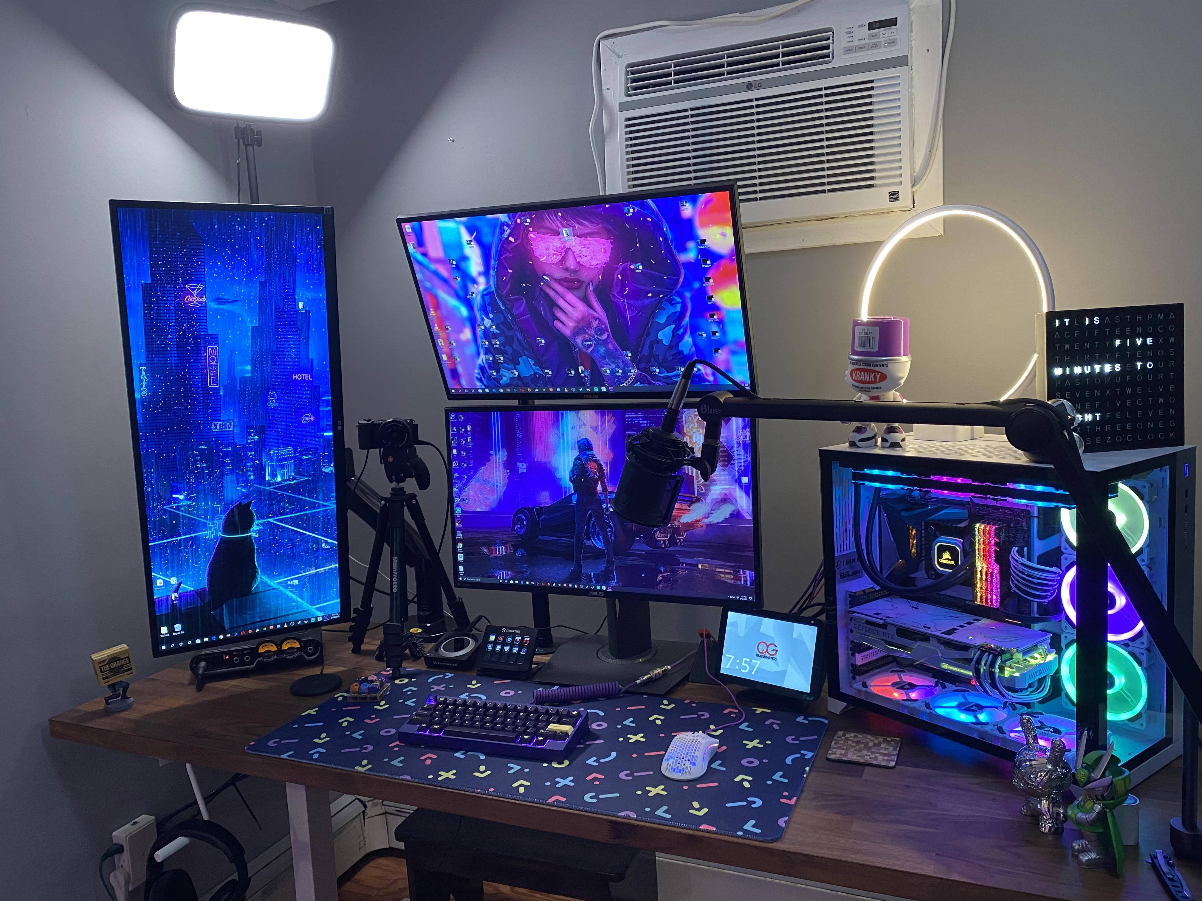 gamer desktop computer, three monitors, neon cyberpunk scenes, 4K Desktop Wallpaper