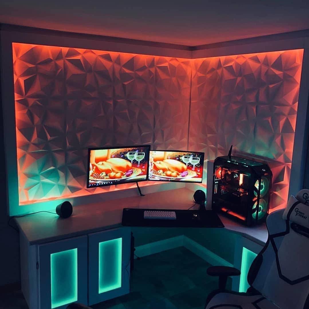 Gaming Room, orange and blue lights, dual monitors, SD Desktop Wallpaper