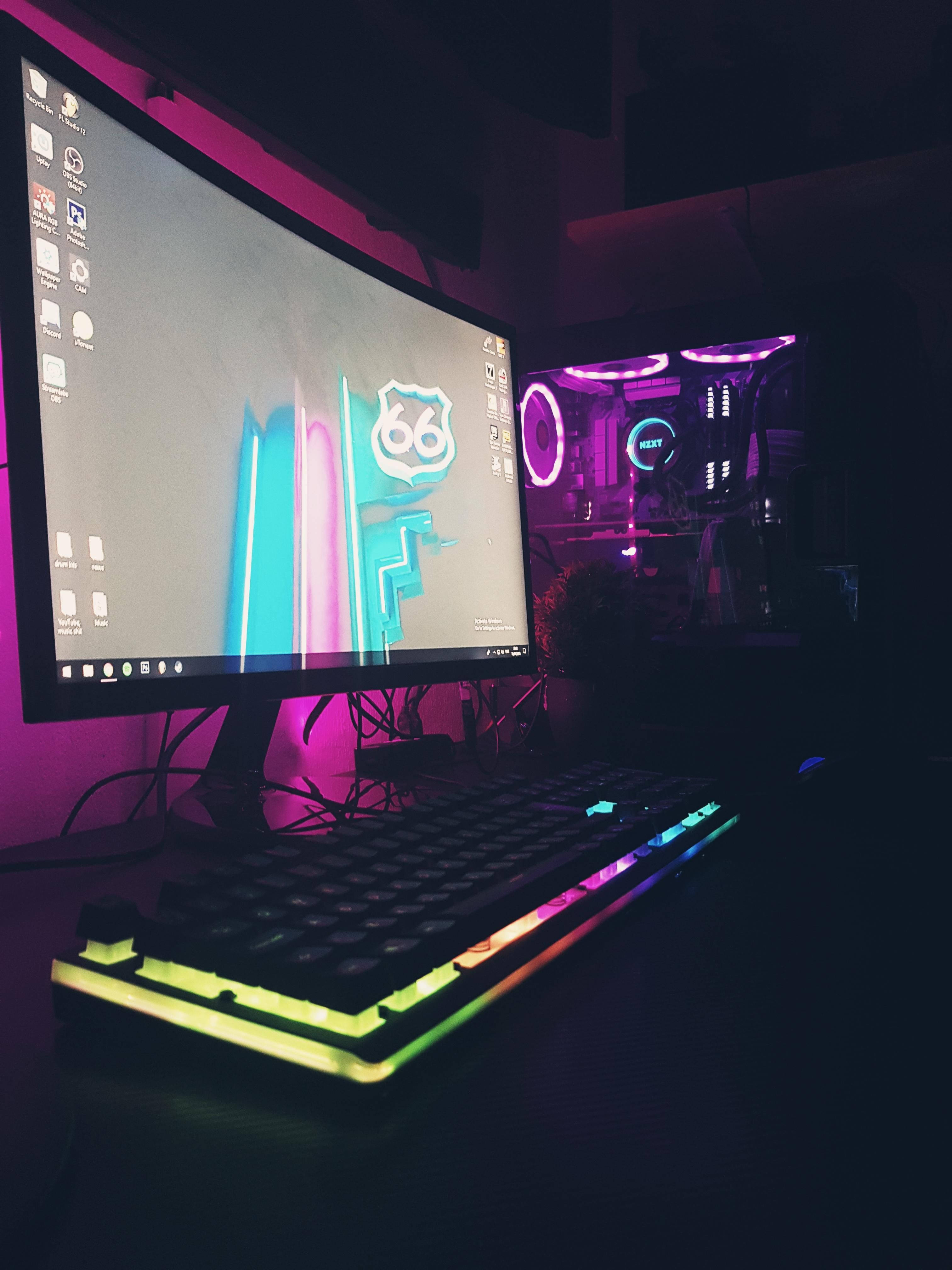 RGB keyboard, curved monitor, Route 66 wallpaper, 4K Phone Wallpaper