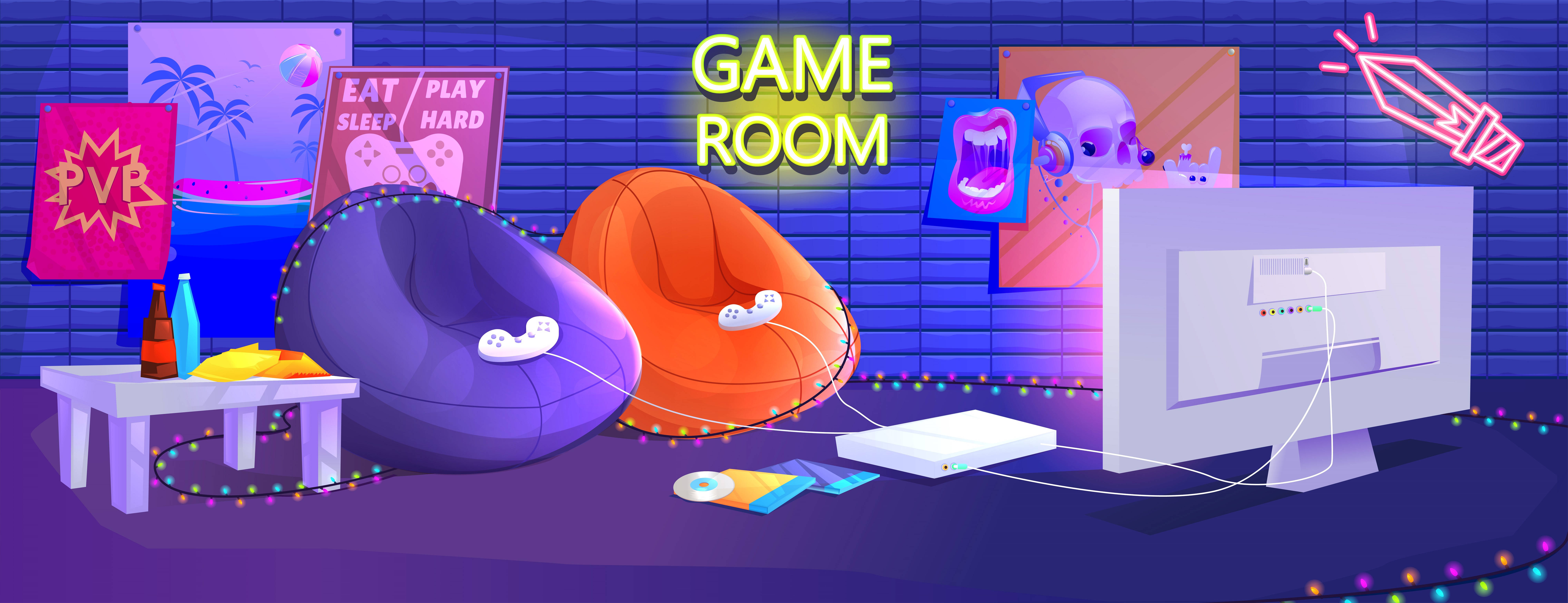 neon-lit, bean bags, posters, 8K Desktop Wallpaper