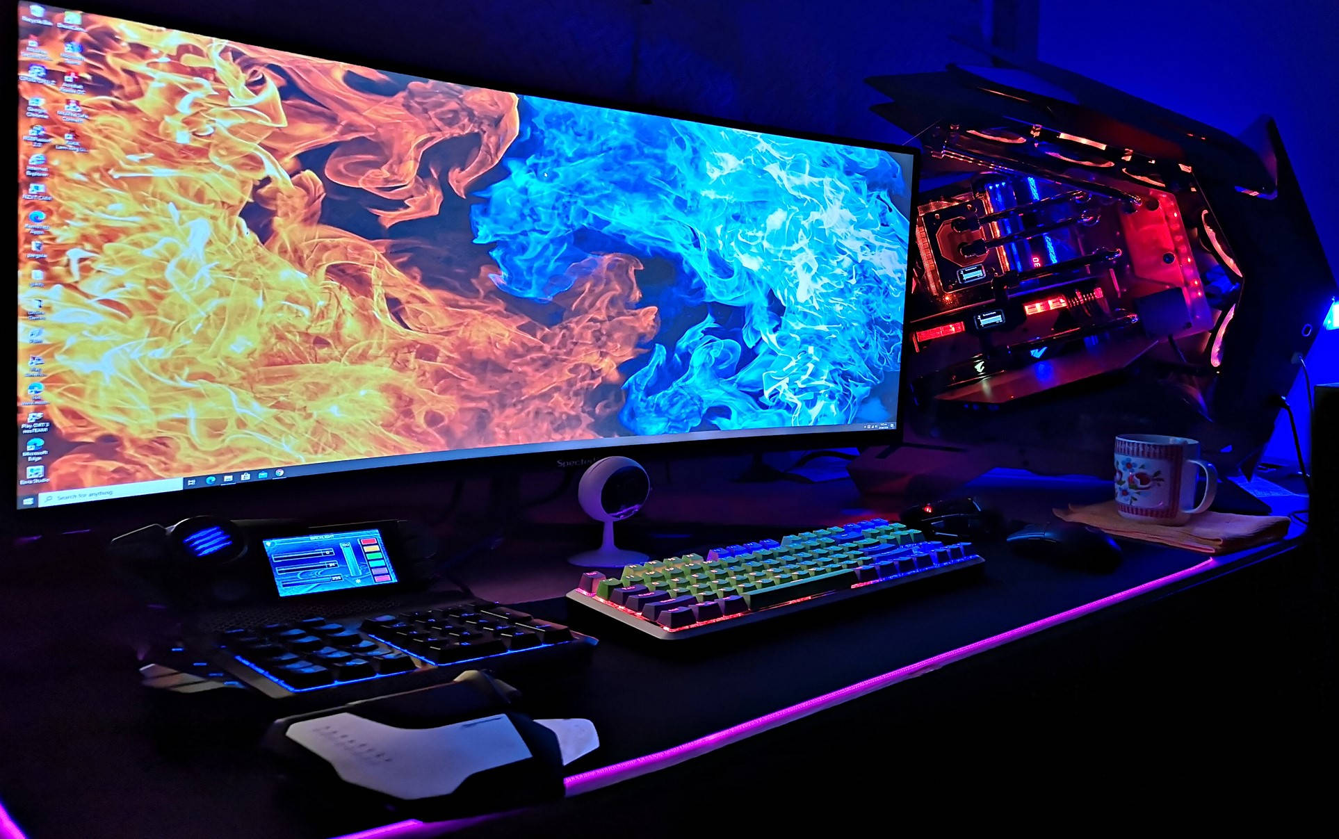 fiery blue wallpaper, curved monitor, RGB keyboard, Full HD Desktop Wallpaper