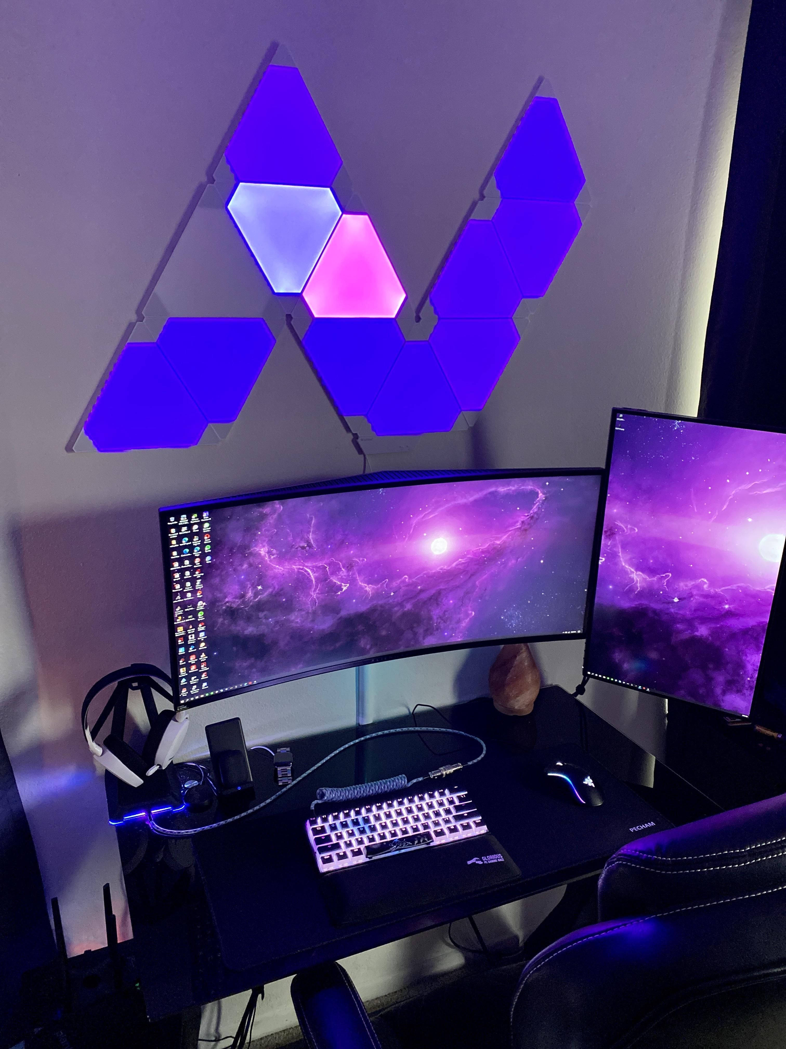 lit desktop computer, purple galaxy, hexagonal LED wall art, 4K Phone Wallpaper
