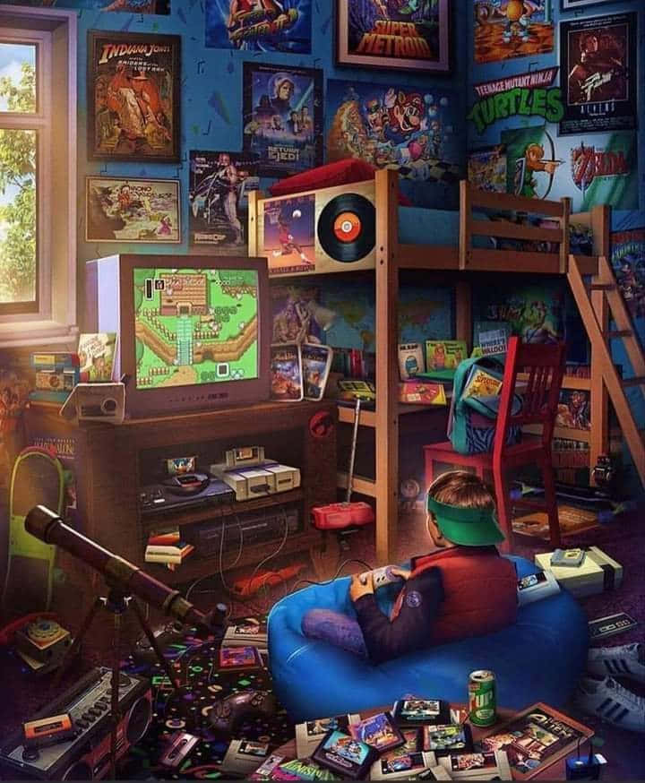 90s child's bedroom, vintage gaming consoles, posters, SD Phone Wallpaper