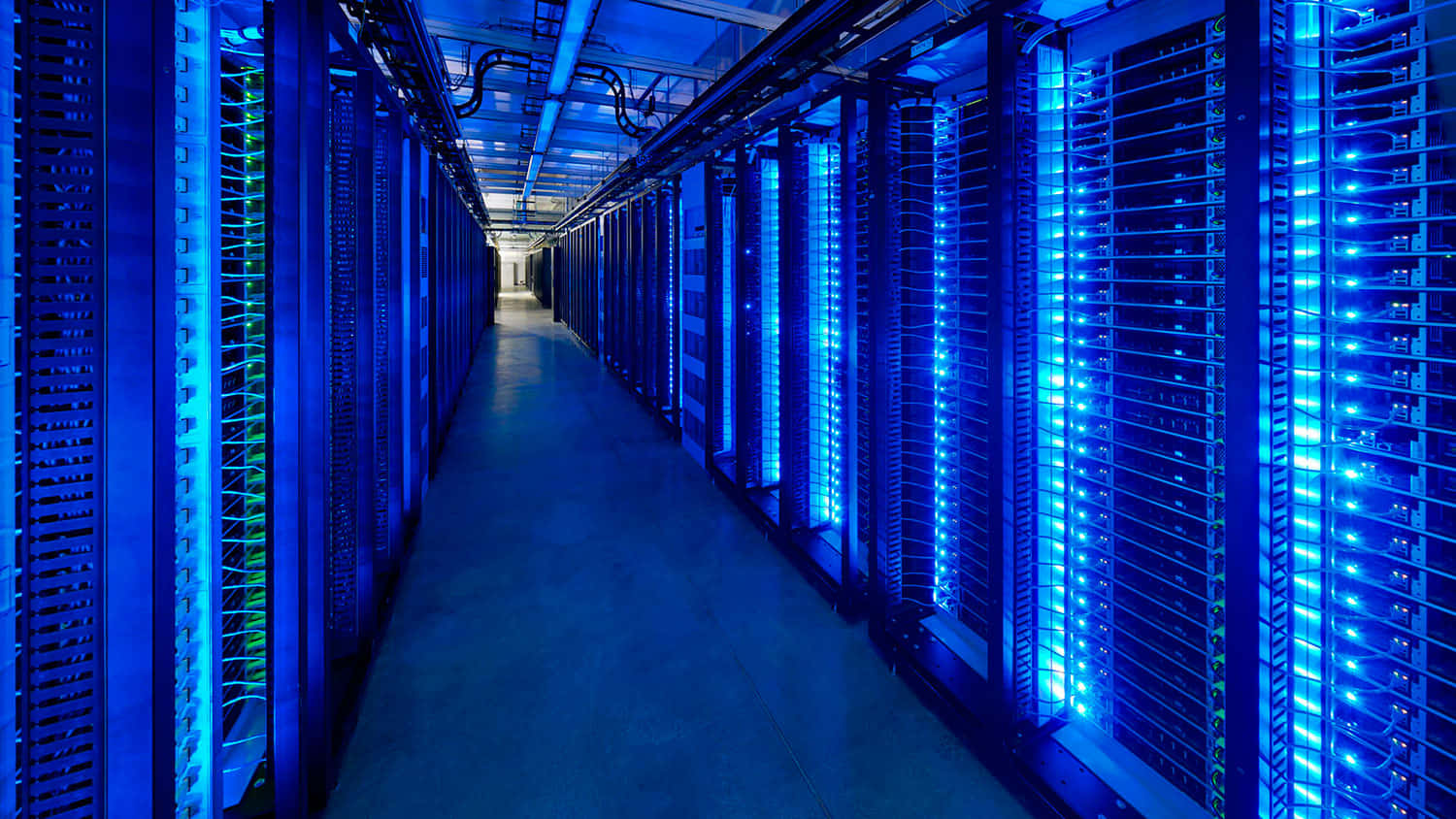 server racks, blue lights, data center, HD Desktop Wallpaper