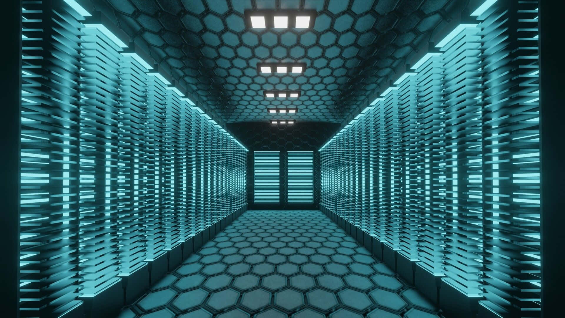 futuristic hexagonal corridor, glowing blue panels, ceiling lights, Full HD Desktop Wallpaper