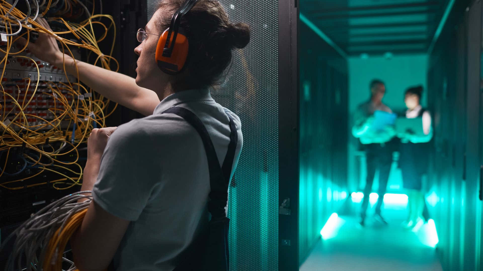 gaming servers, orange ear protection, yellow cables, Full HD Desktop Wallpaper