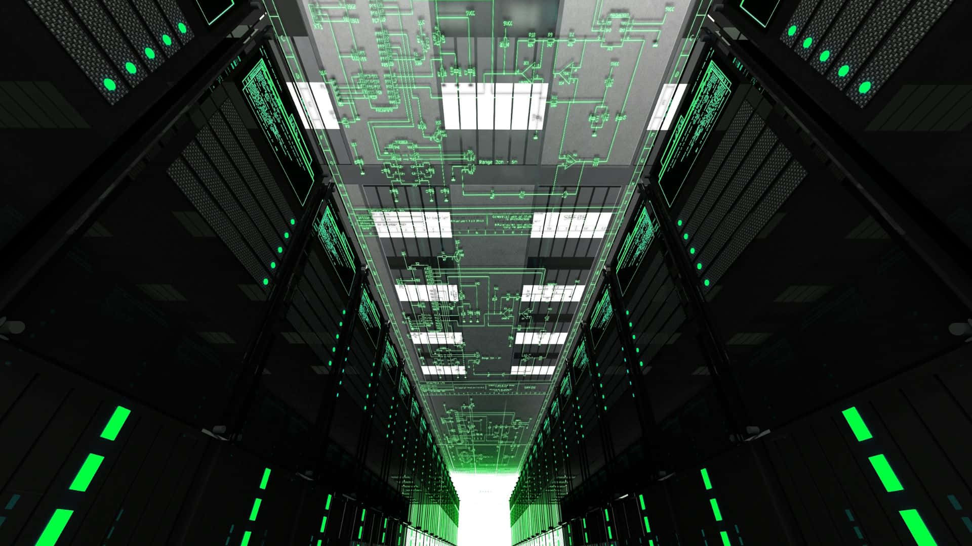 gaming servers, futuristic server room, glowing green circuitry patterns, Full HD Desktop Wallpaper