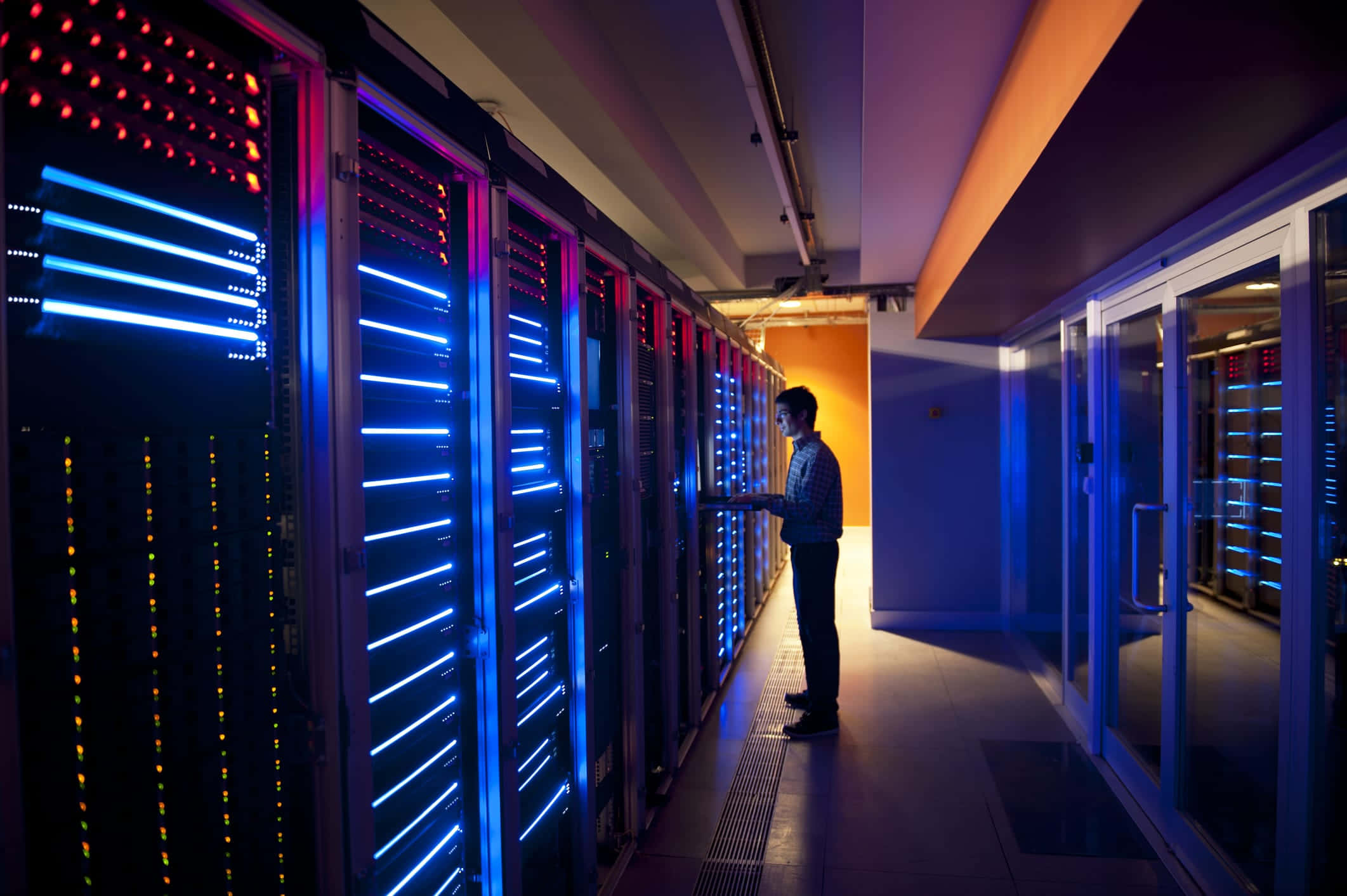 gaming servers, glowing blue and red server racks, high-tech data center, Full HD Desktop Wallpaper