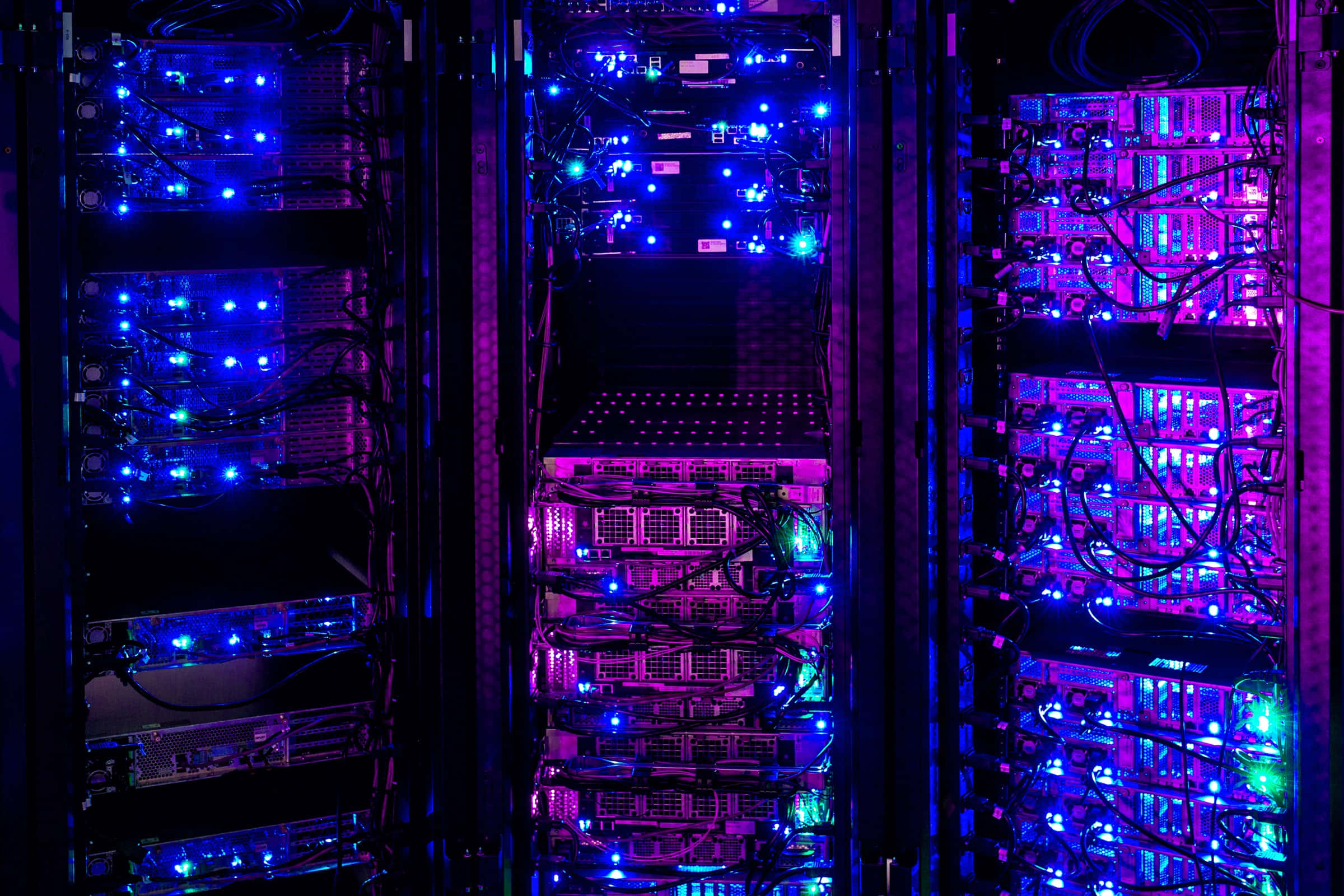 gaming servers, server racks, blue and purple LED lights, Full HD Desktop Wallpaper
