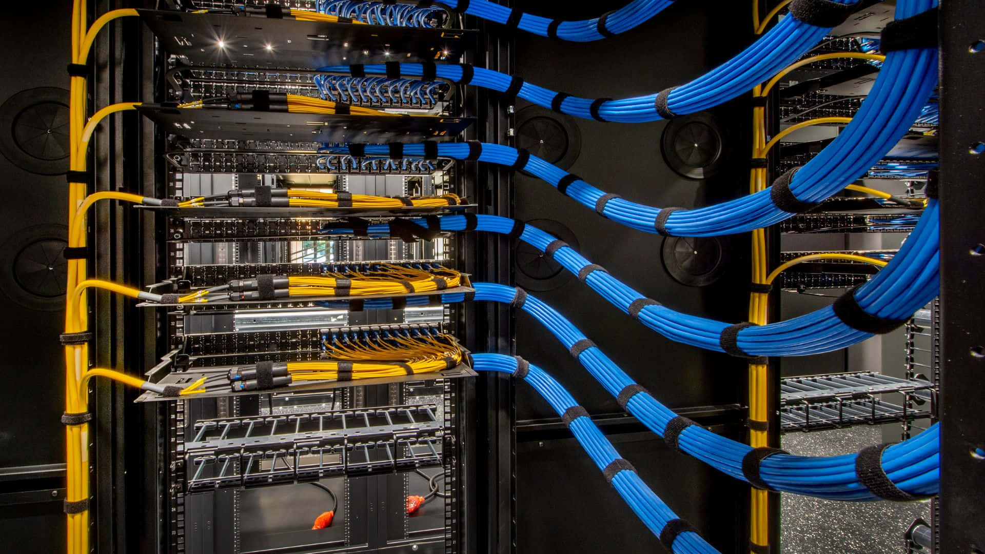 blue and yellow network cables, black server rack, data center, Full HD Desktop Wallpaper