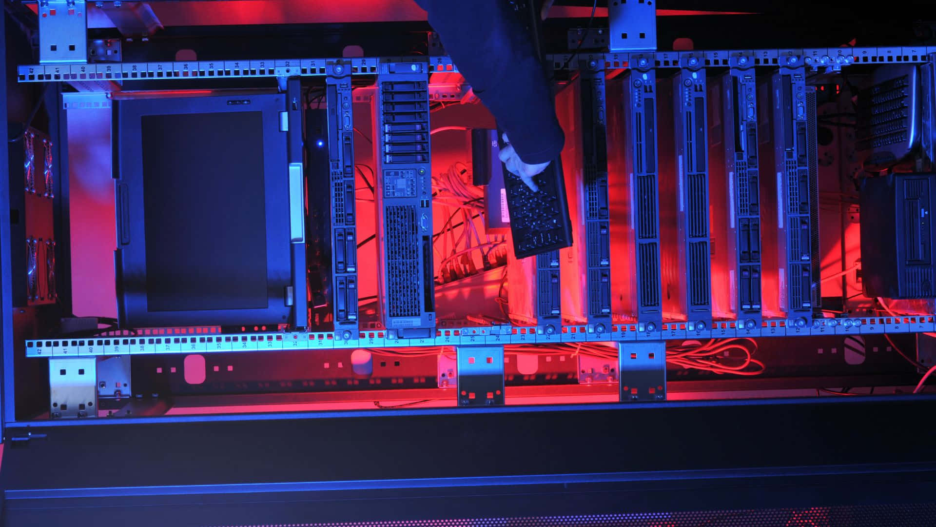 Gaming Servers, rack, red and blue LED lights, Full HD Desktop Wallpaper