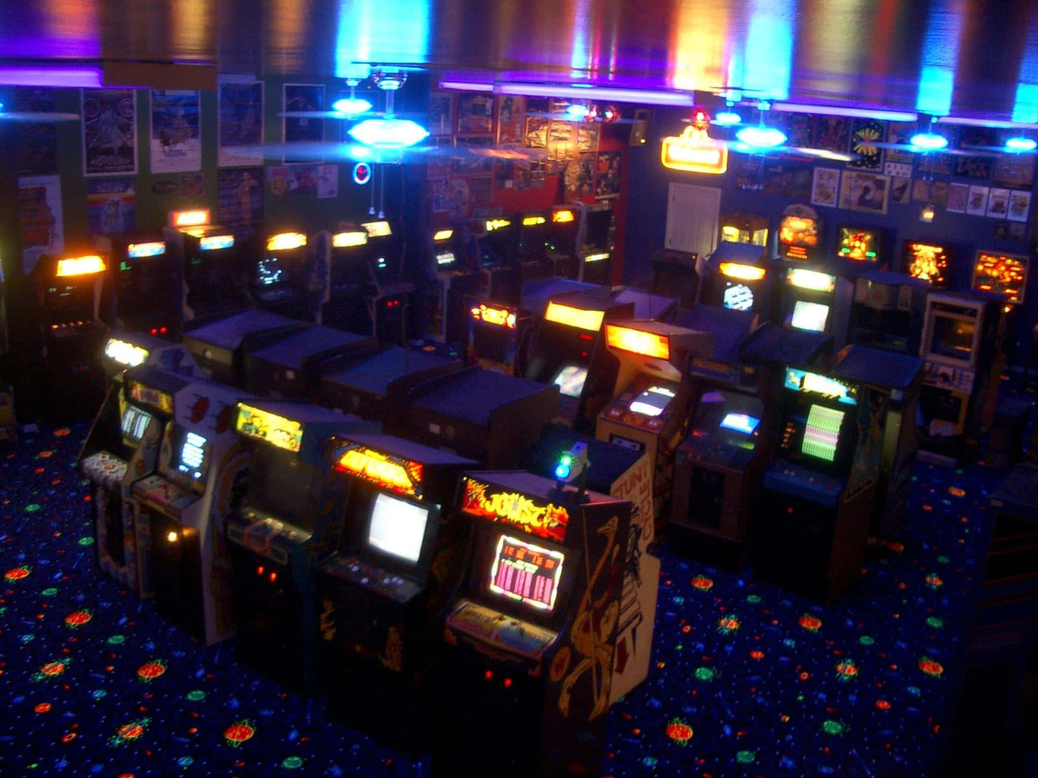 vintage arcade machines, neon lights, dimly lit retro gaming hall, Full HD Desktop Wallpaper