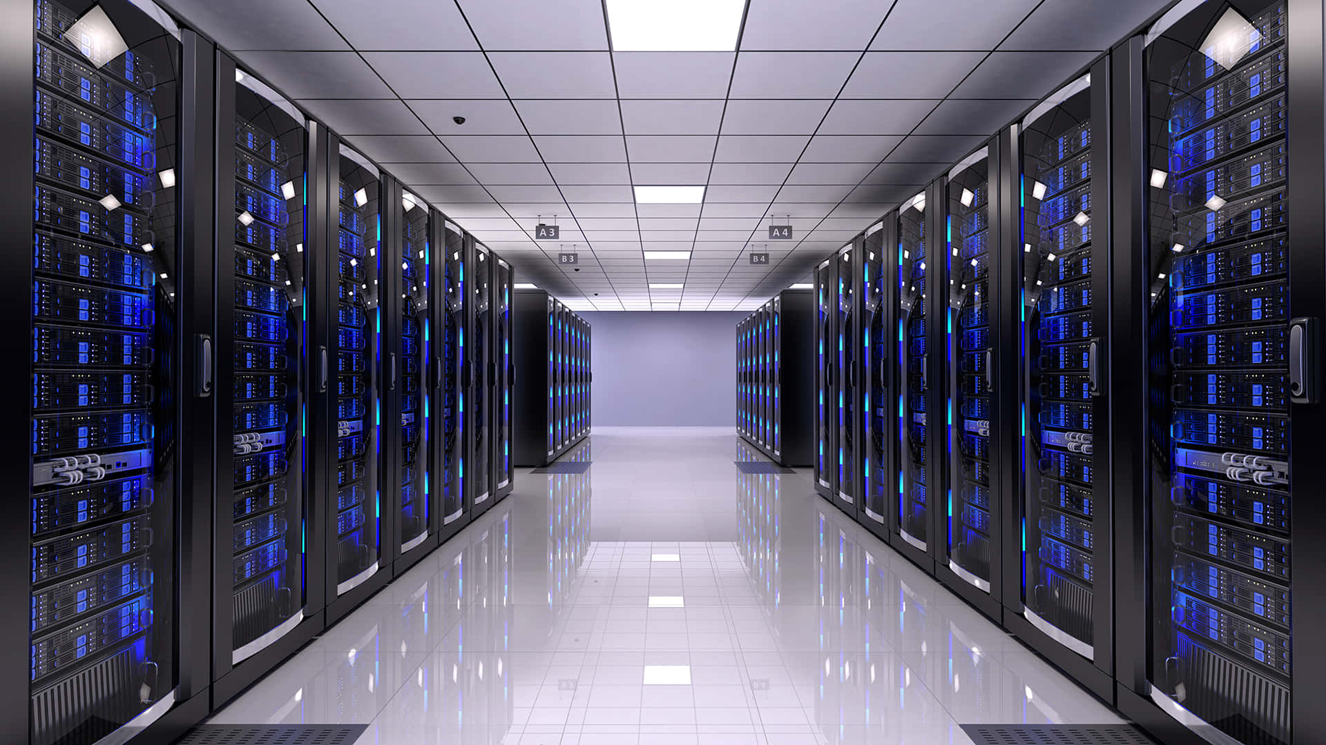 black server racks, glowing blue lights, clean data center, Full HD Desktop Wallpaper
