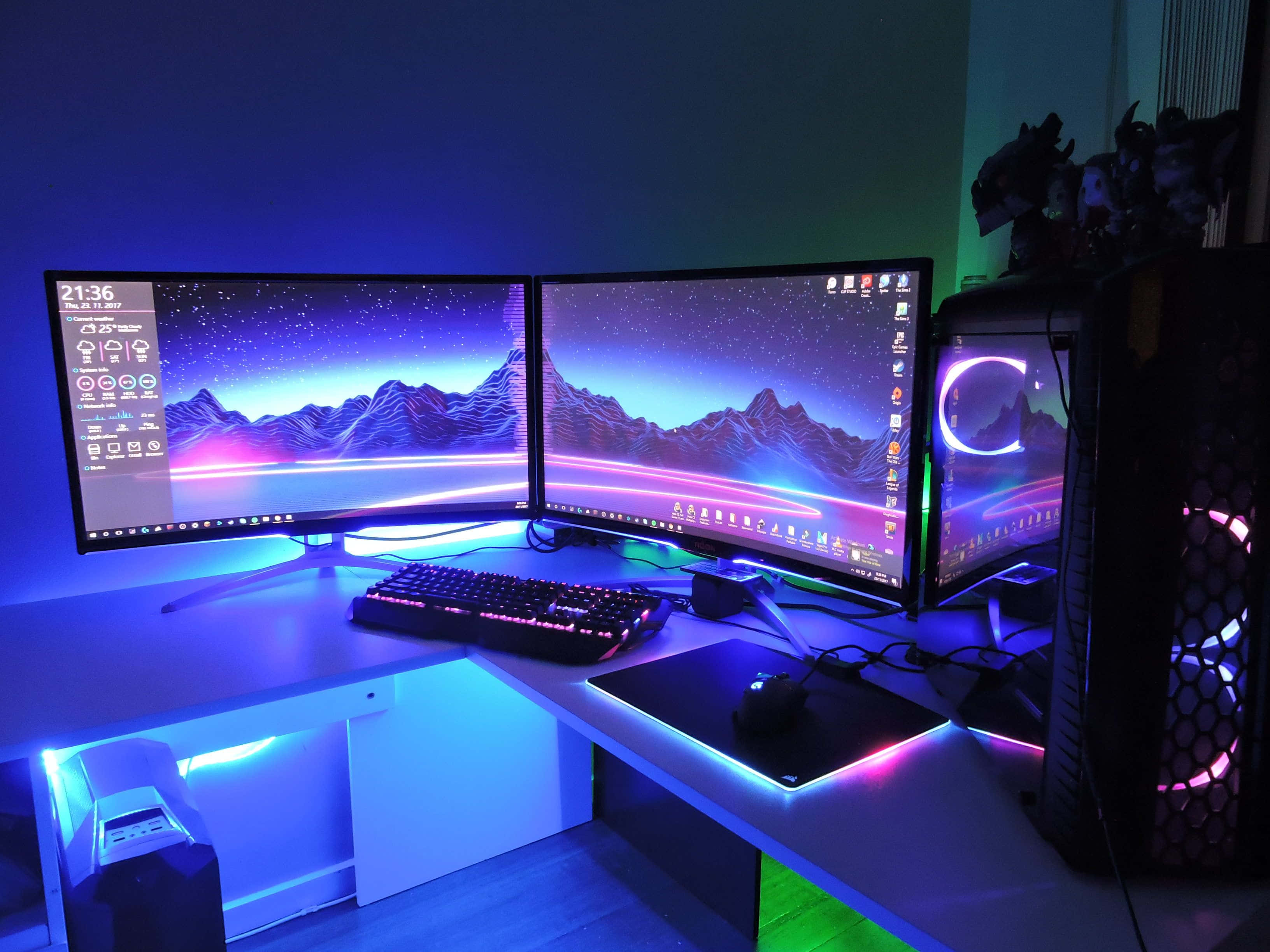 gaming PC setup, dual curved monitors, neon mountain wallpaper, 2K Desktop Wallpaper