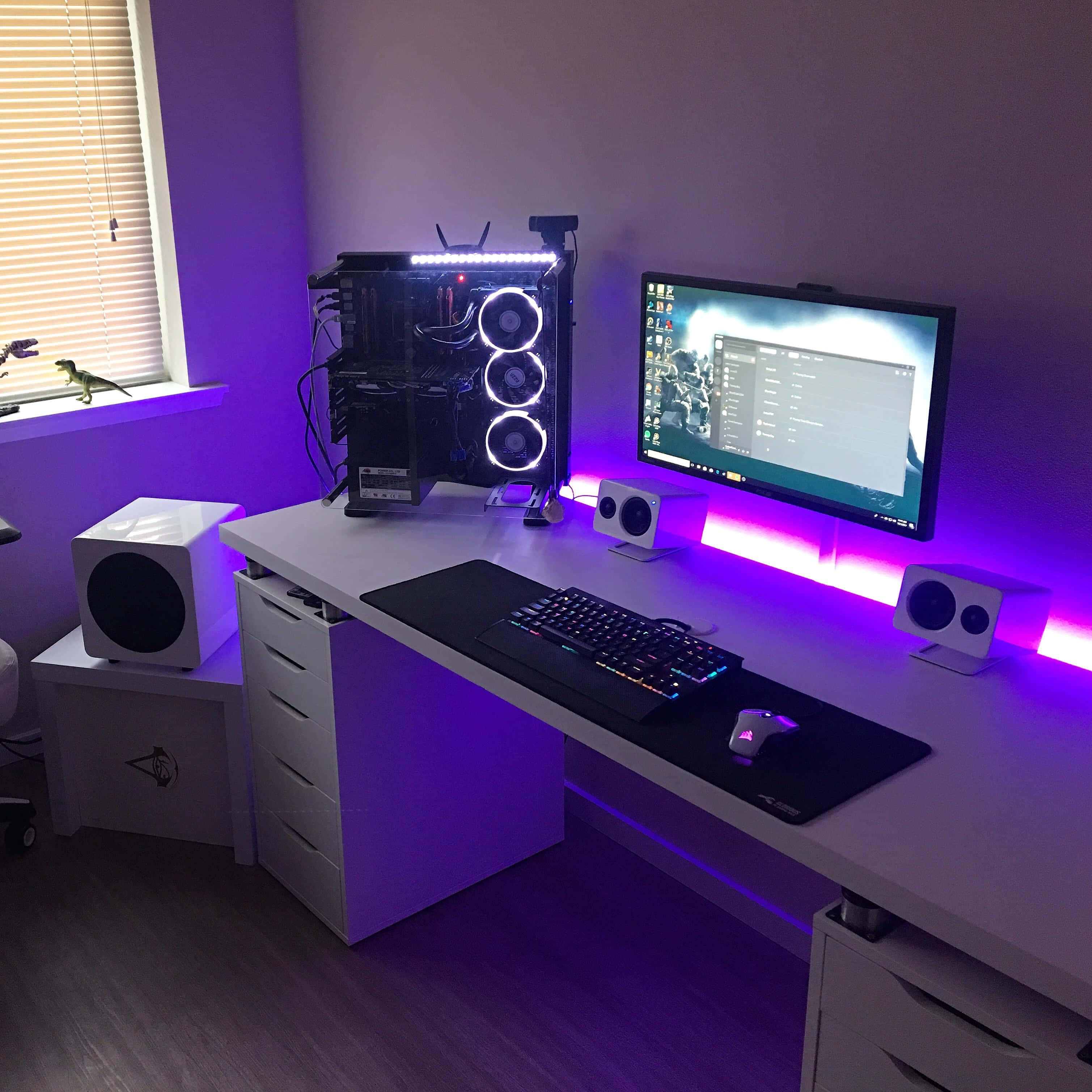 white gaming desk, vibrant purple LED lighting, high-end PC tower, 2K Desktop Wallpaper