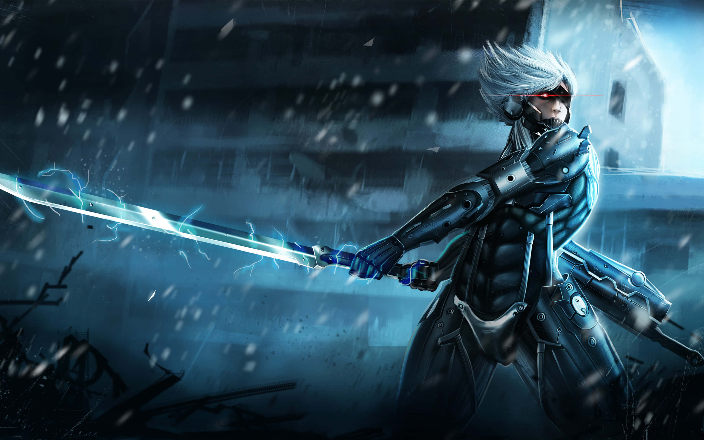 cyberpunk warrior, white hair, glowing red eyes, 2K Desktop Wallpaper
