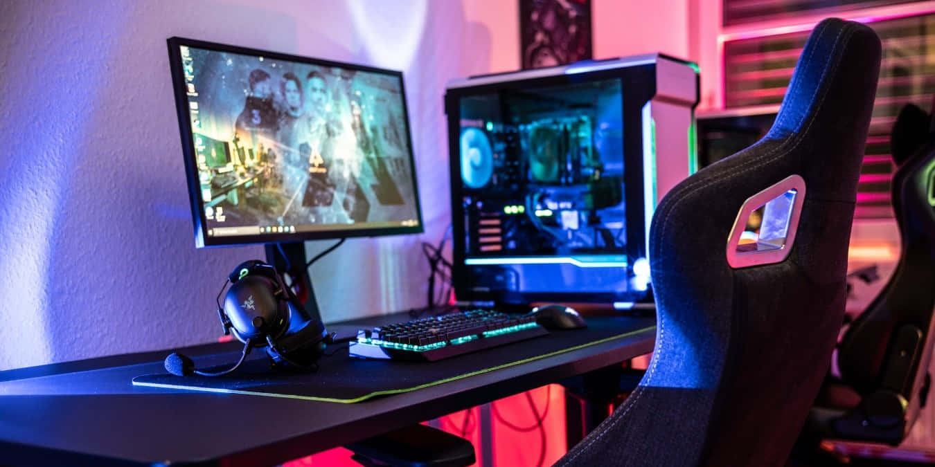 gaming PC setup, glowing RGB lights, blue and pink ambient lighting, HD Desktop Wallpaper