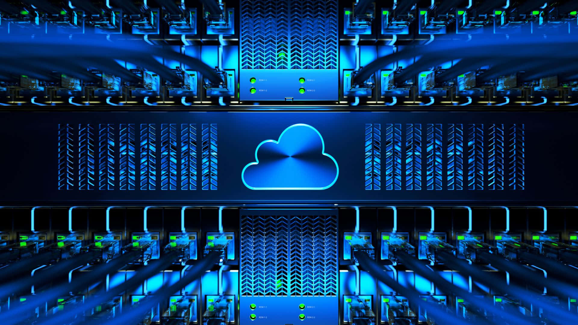 gaming servers, glowing blue server racks, central cloud icon, Full HD Desktop Wallpaper