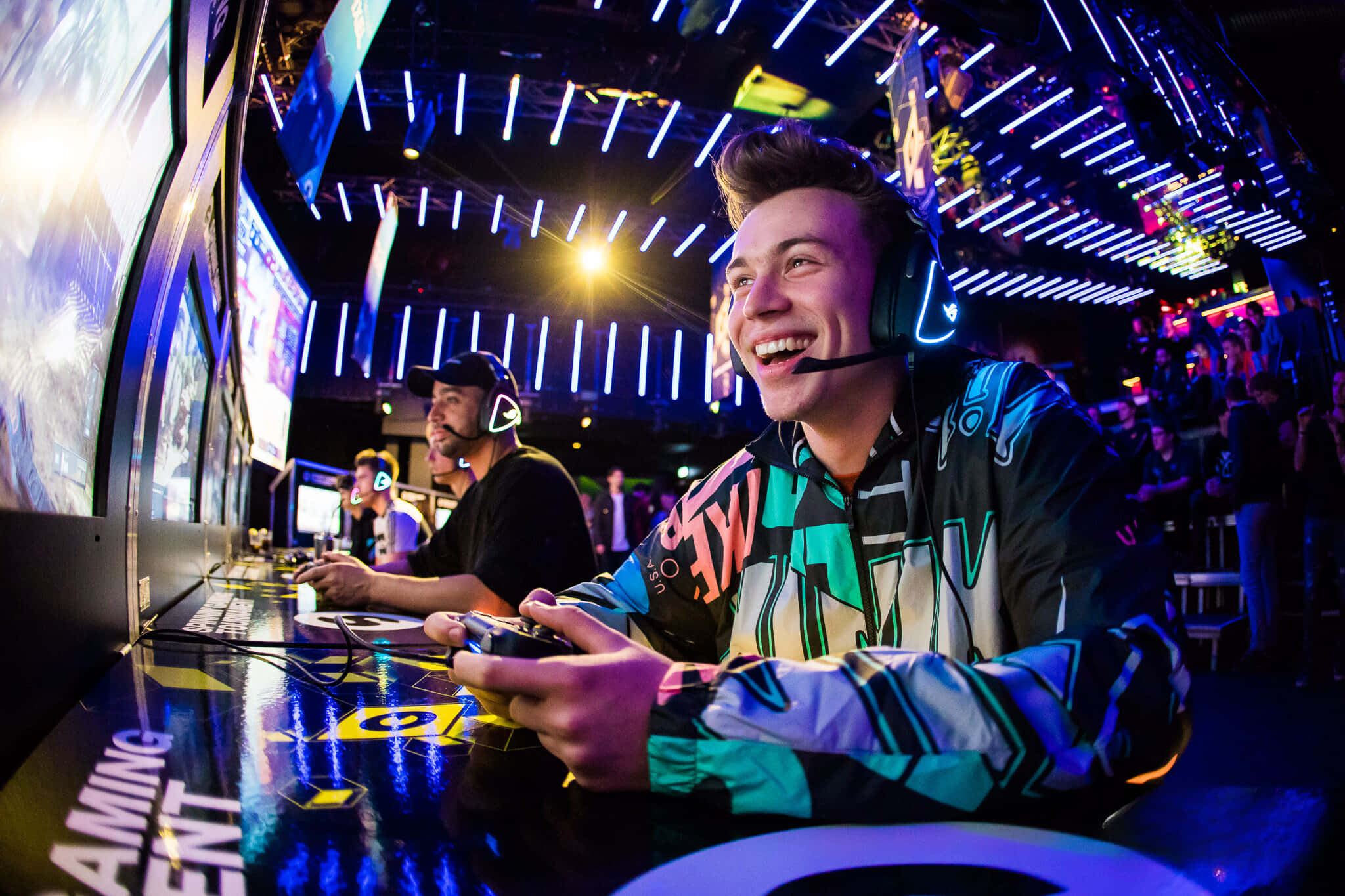 esports arena, neon lights, controller, Full HD Desktop Wallpaper