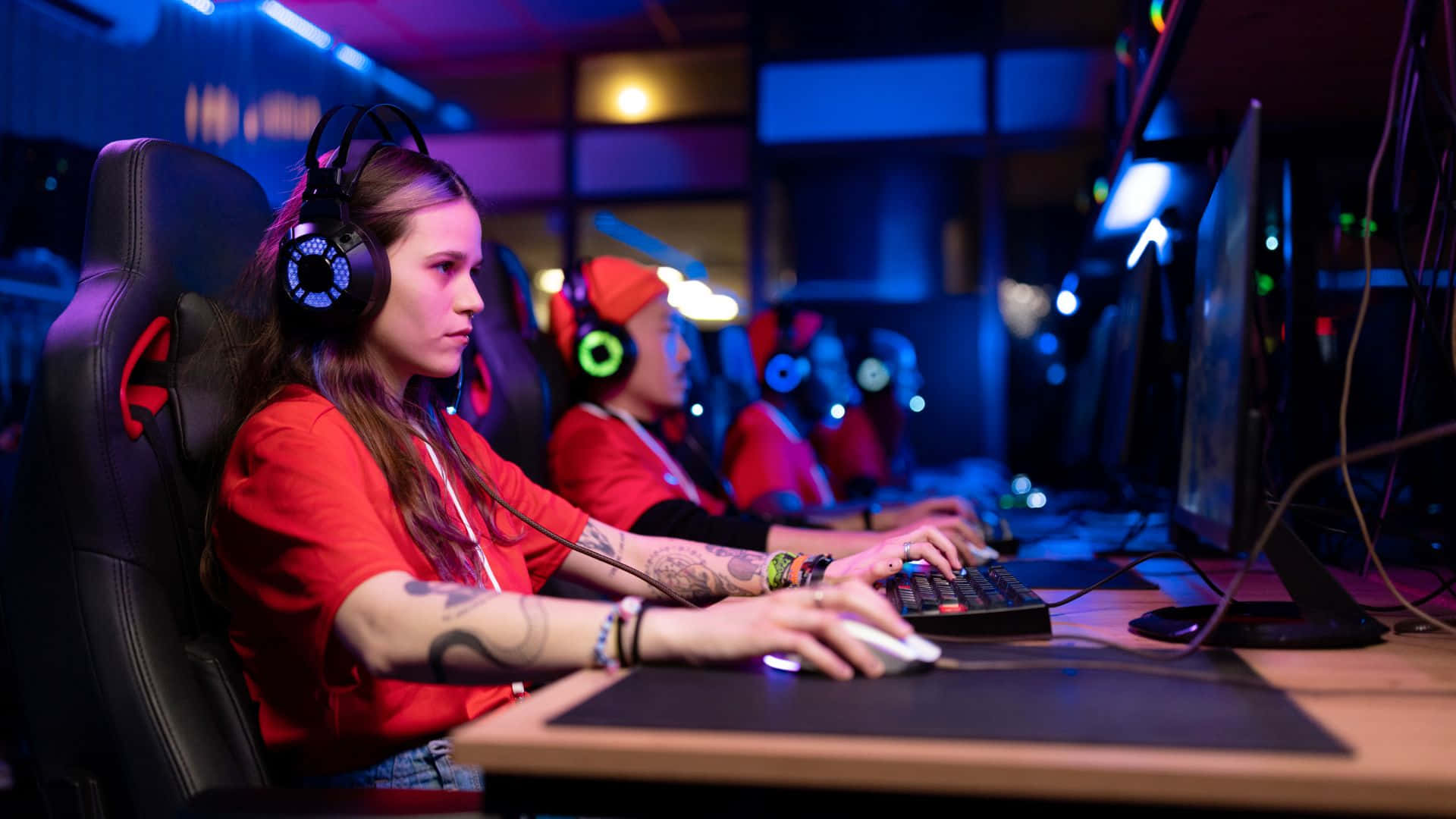 gaming tournaments, red shirt, headset, Full HD Desktop Wallpaper