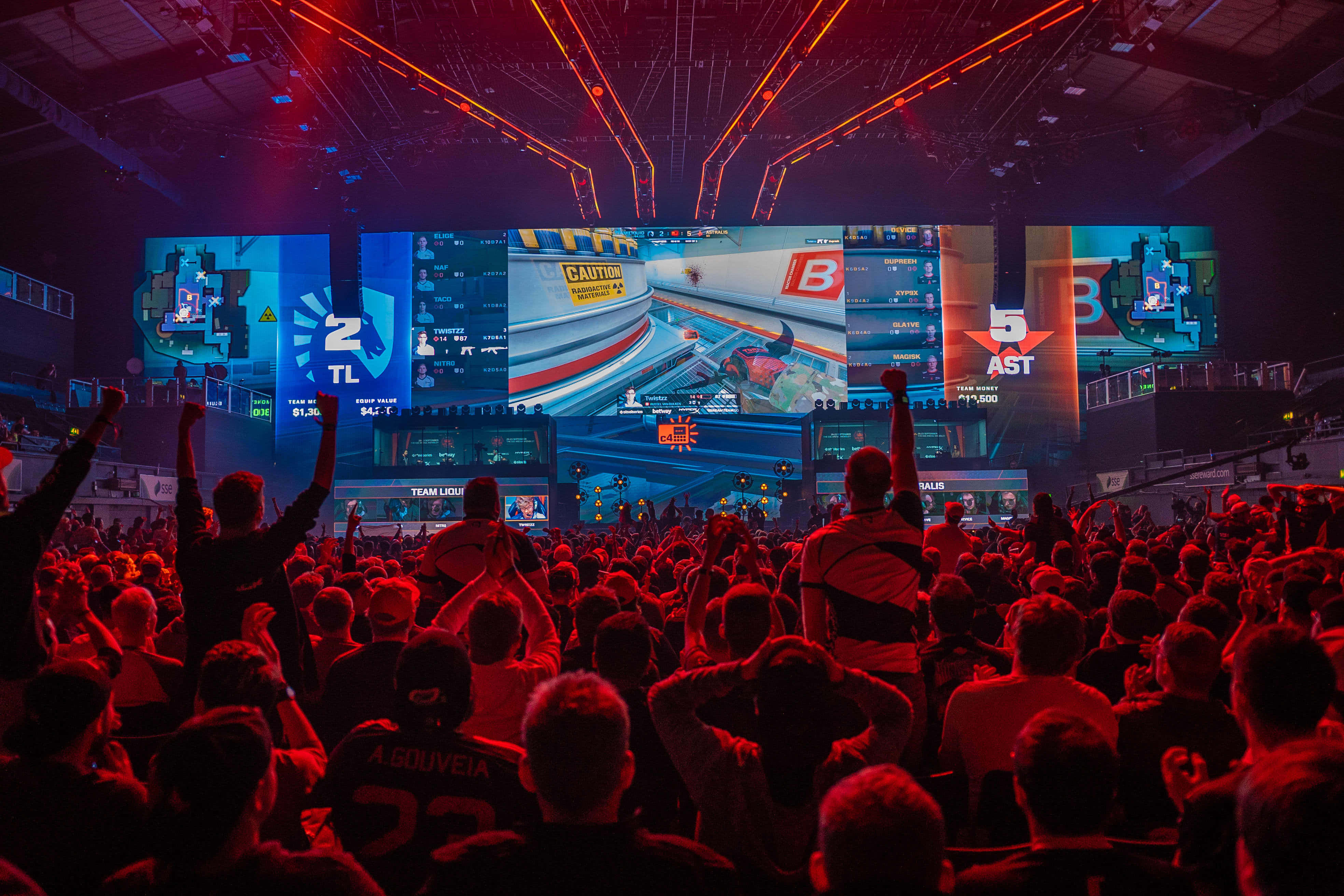 Gaming Tournaments, esports tournament, glowing red and blue stage lights, 4K Desktop Wallpaper