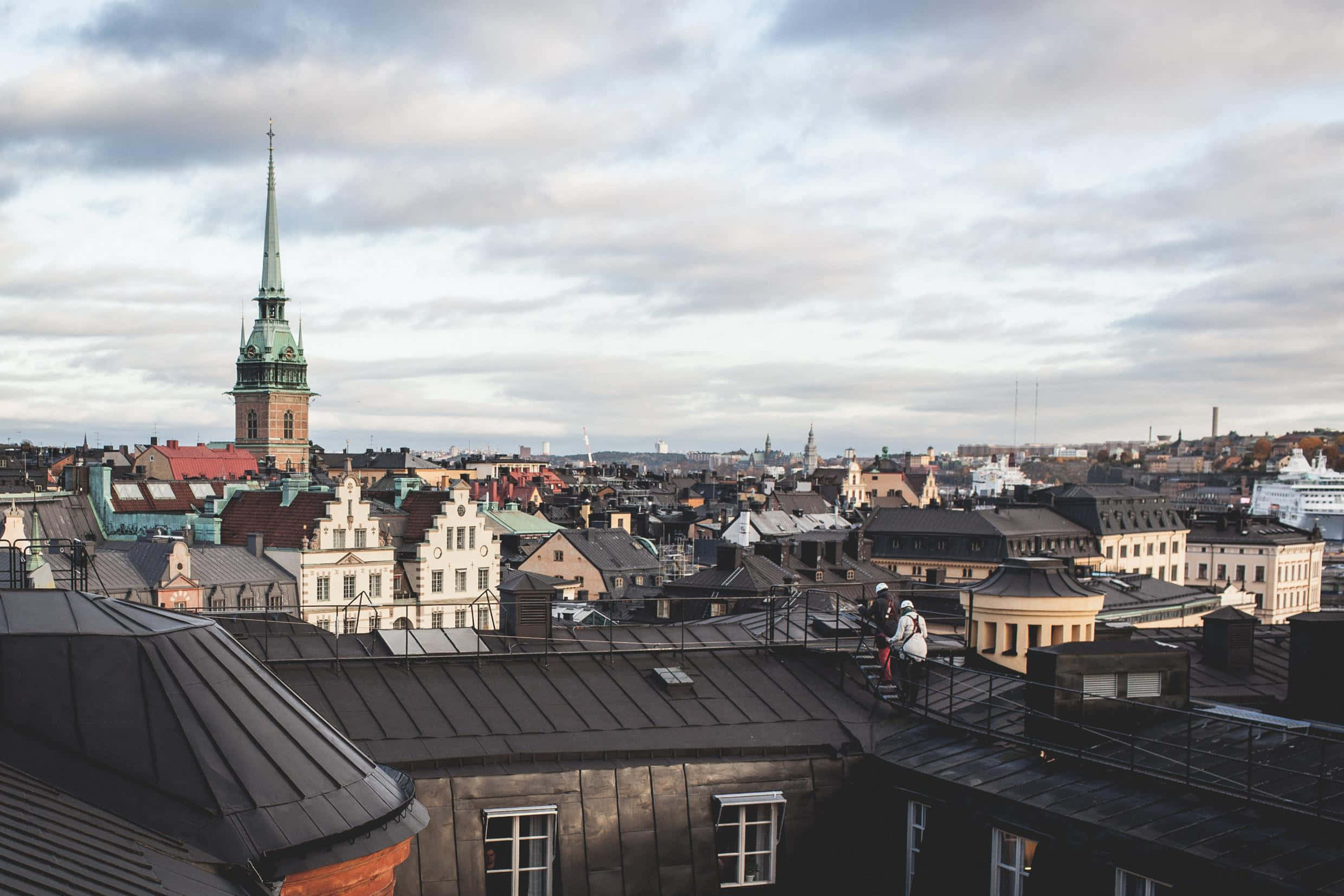 Gamla Stan, church spire, colorful rooftops, Full HD Desktop Wallpaper