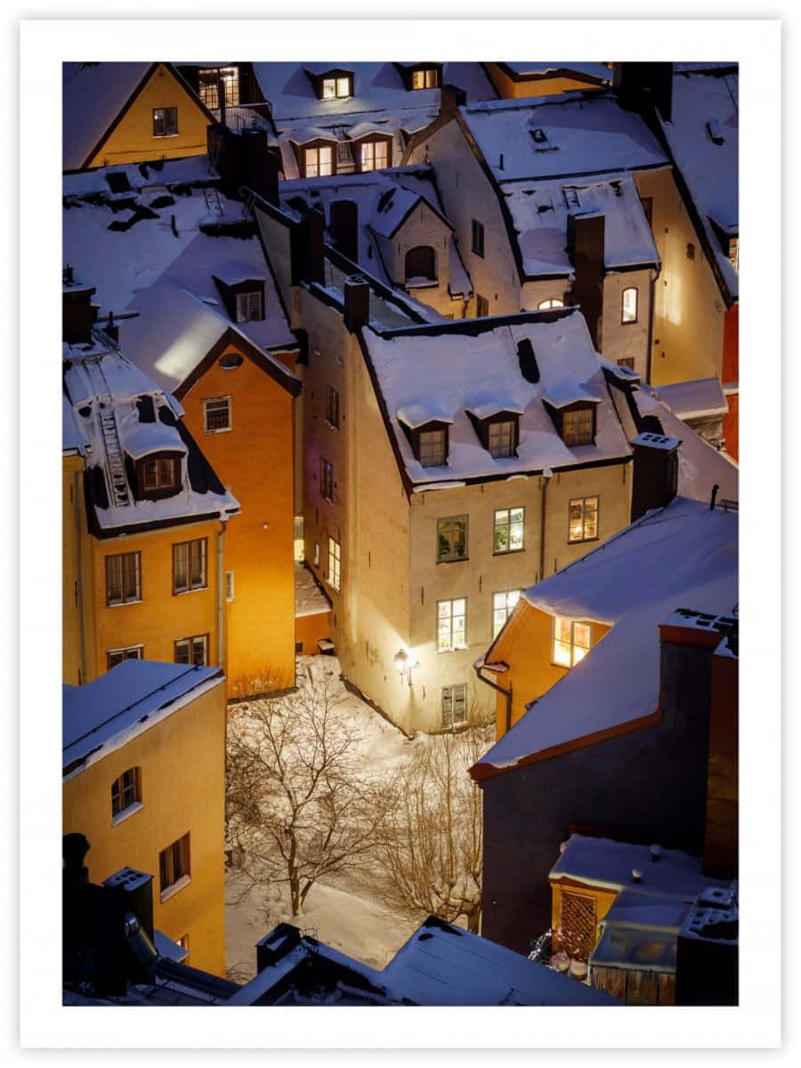 Gamla Stan, snow, colorful historic houses, SD Phone Wallpaper
