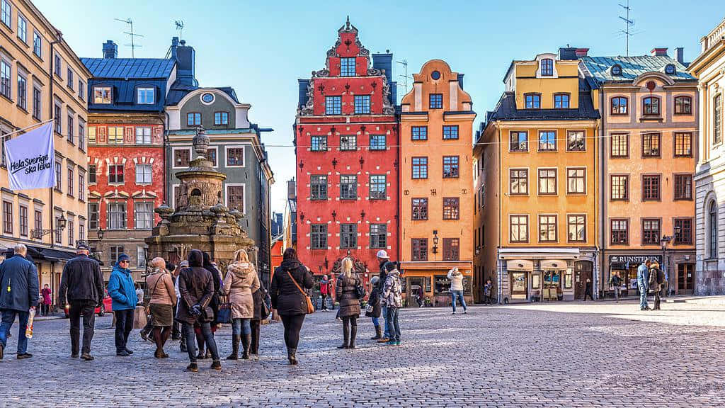Gamla Stan, colorful facades, cobblestone square, SD Desktop Wallpaper