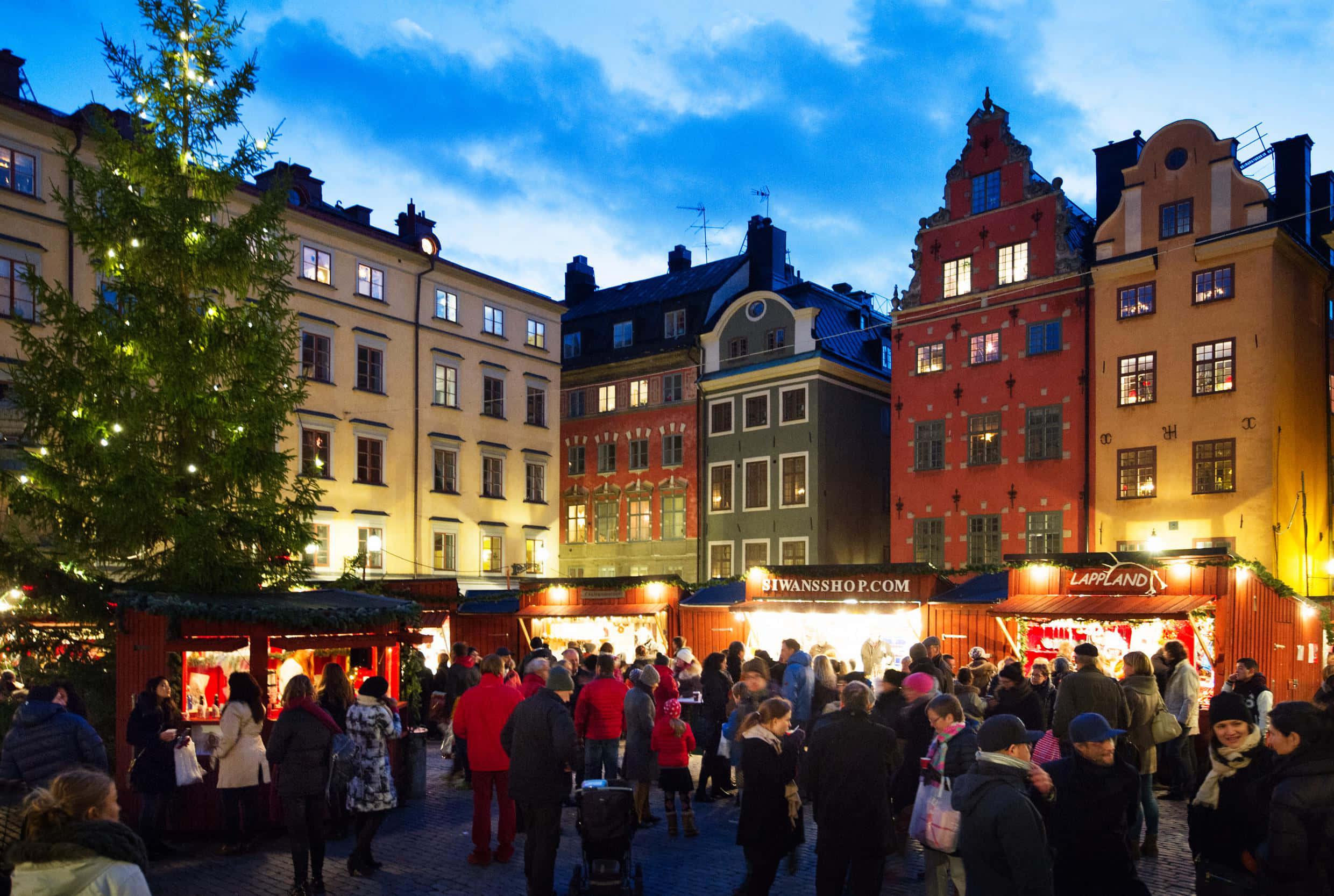 Gamla Stan, night market, Christmas market, Full HD Desktop Wallpaper