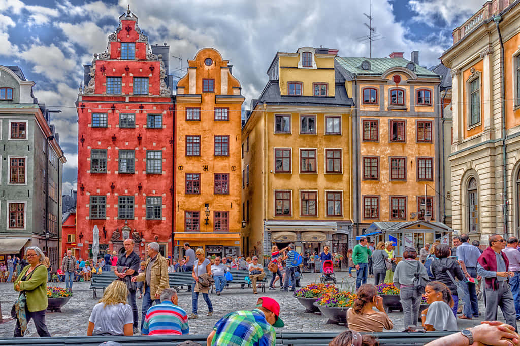 Gamla Stan, marketplace, red orange, SD Desktop Wallpaper