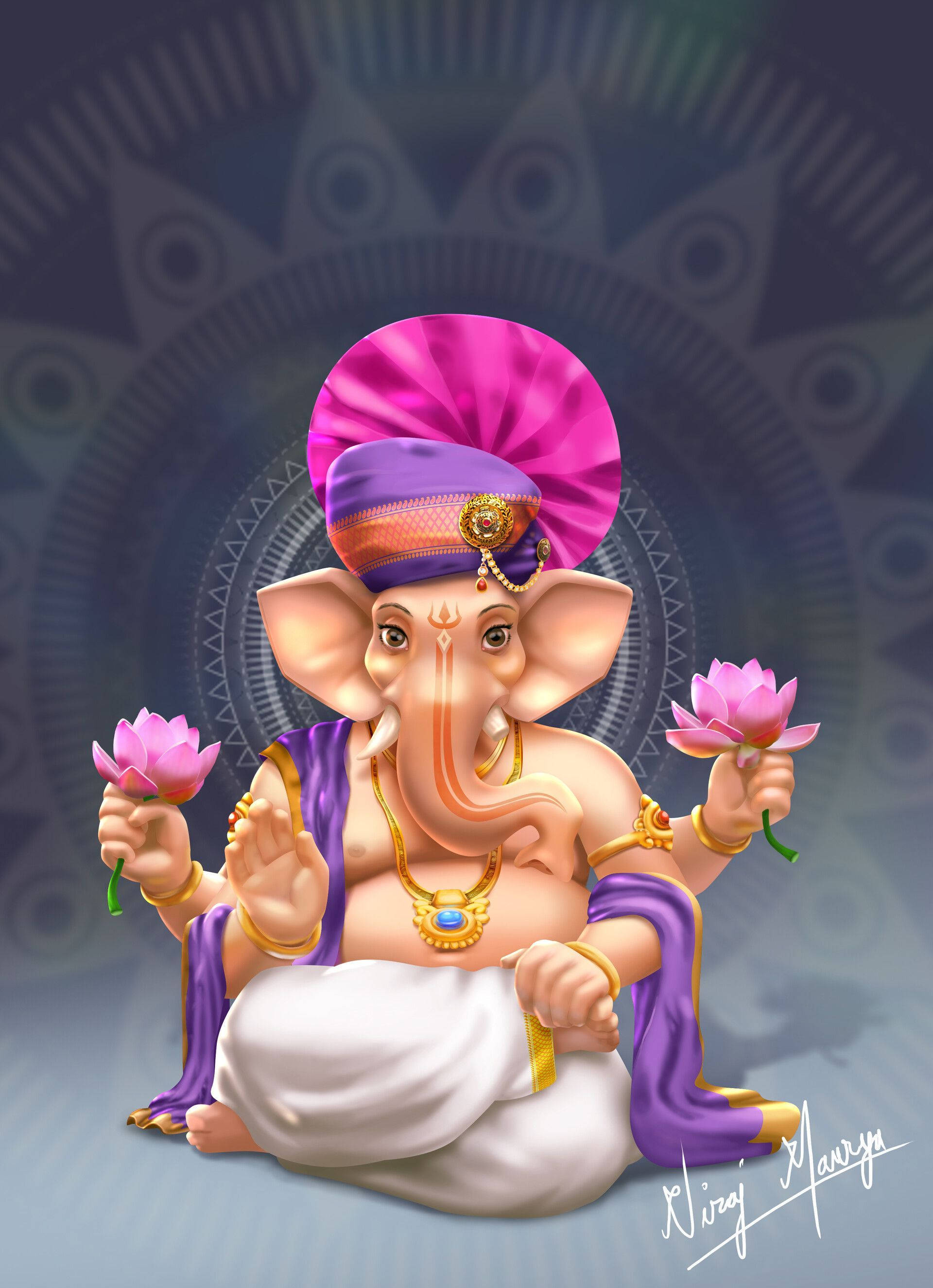 Ganesh 3d, purple turban, pink lotuses, 2K Phone Wallpaper