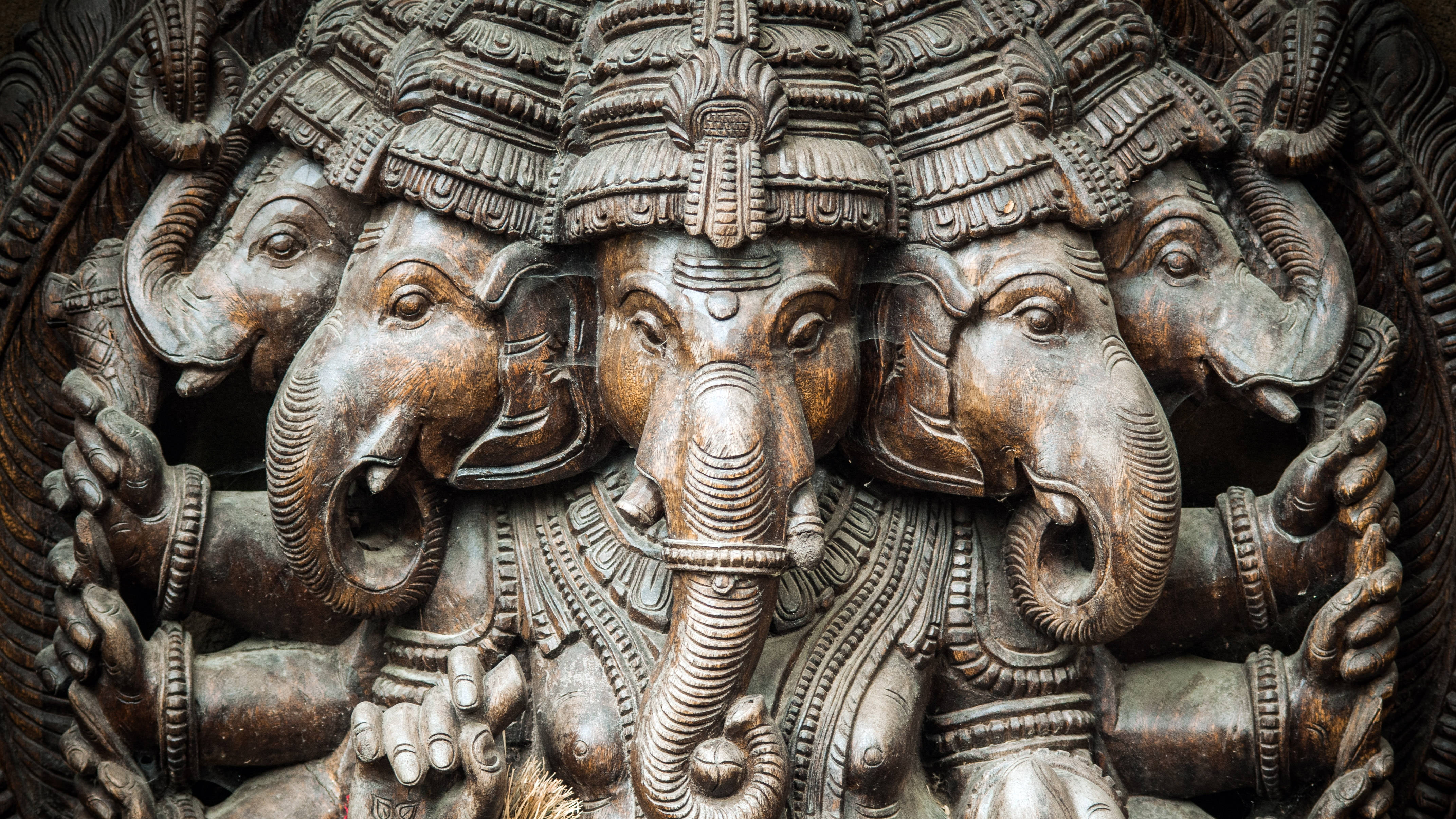 Ganesh, 3d carved wooden statue, multiple elephant heads, 4K Desktop Wallpaper