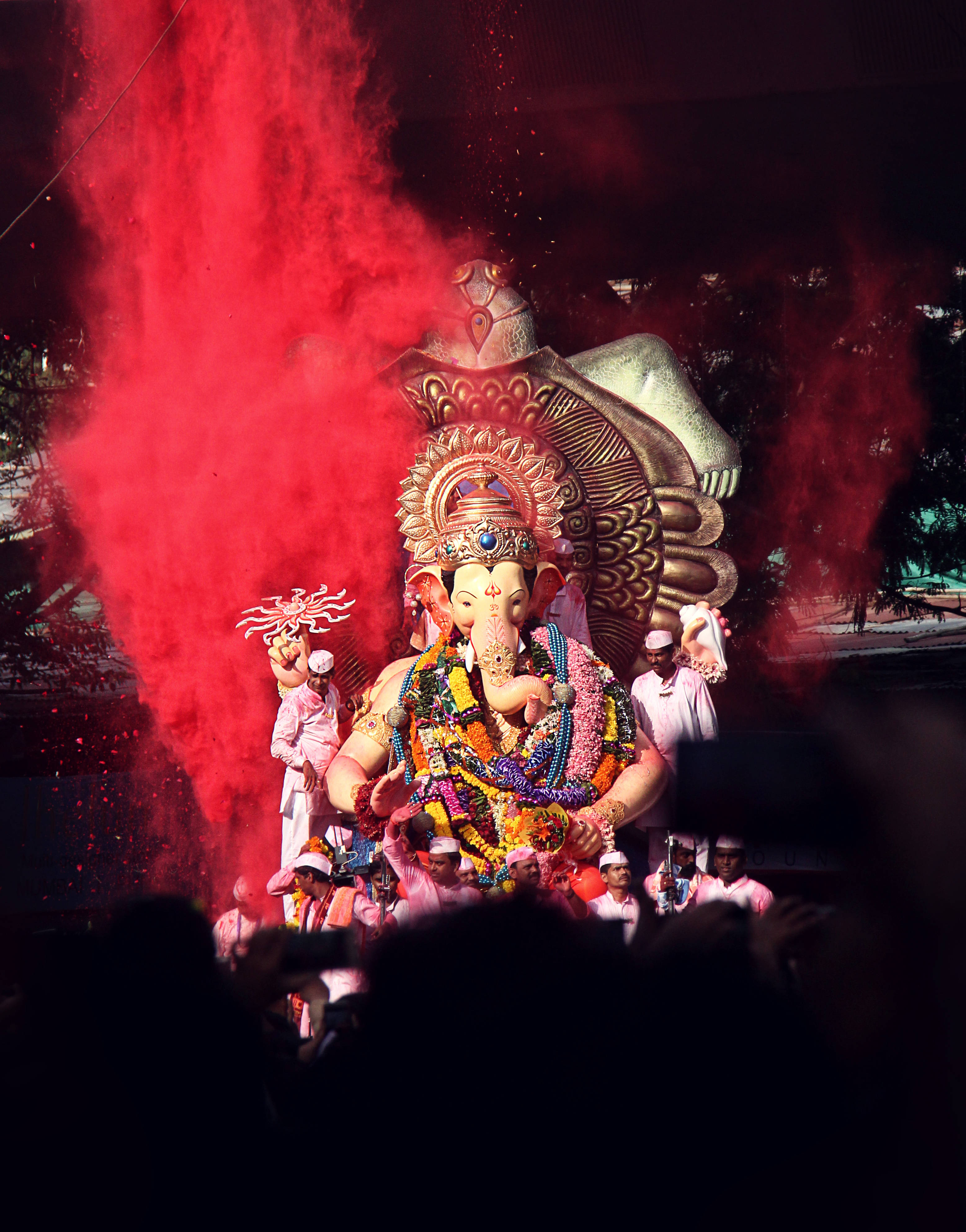 Ganesh 3d, illuminated Ganesha statue, colorful garlands, 4K Phone Wallpaper