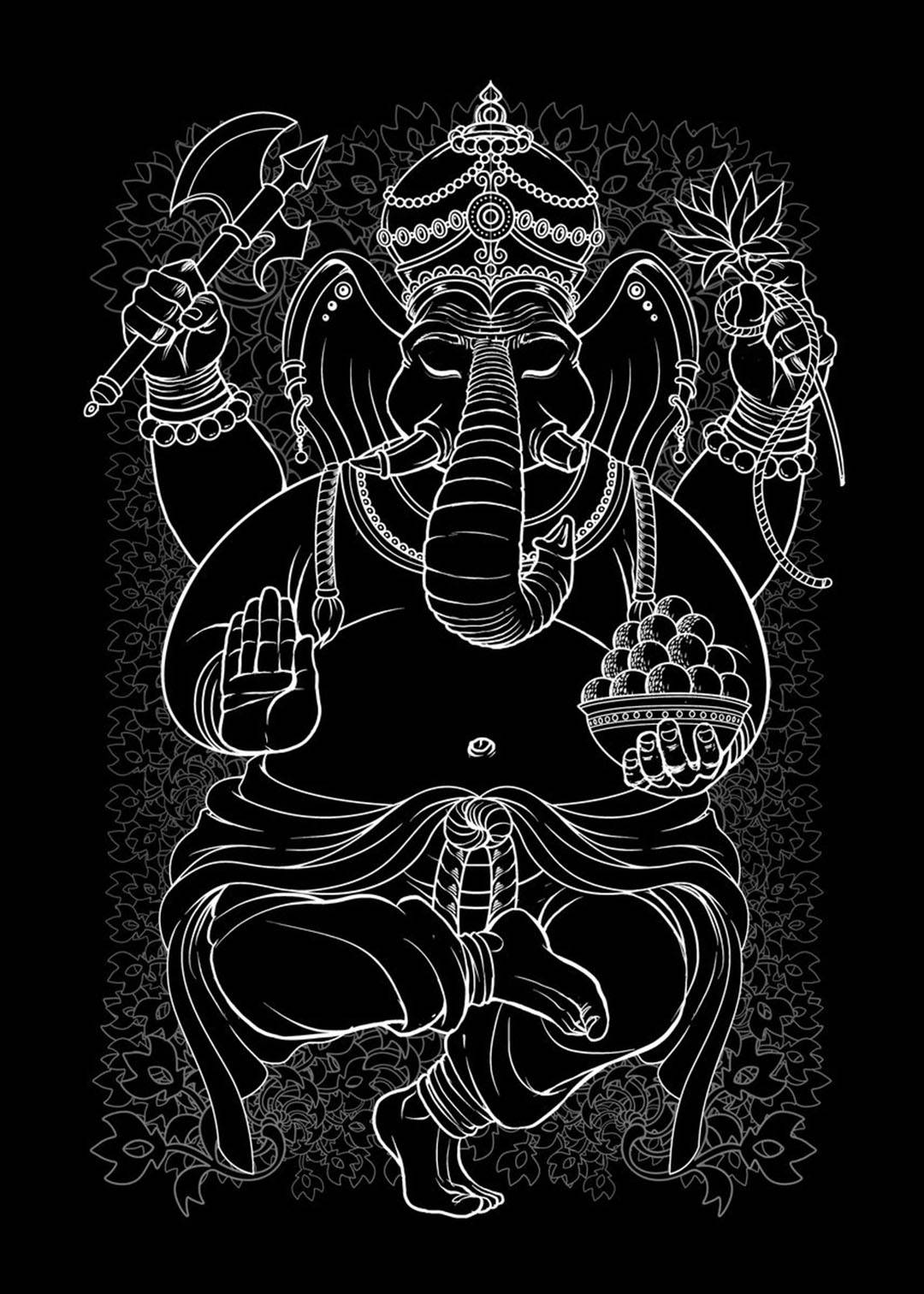 Ganesh, black background, white line illustration, HD Phone Wallpaper