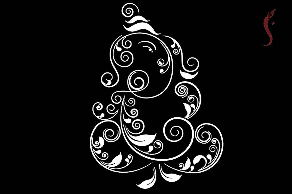 Ganesh, black background, white ornamental swirl design, SD Desktop Wallpaper