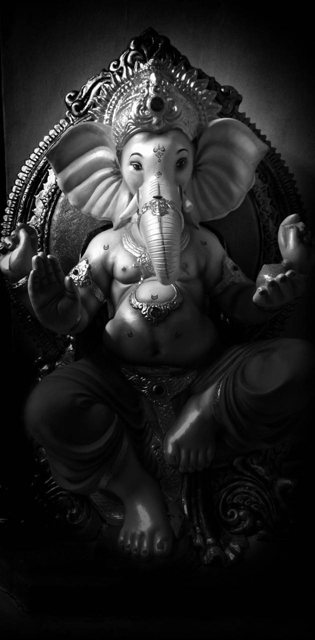 Ganesh, black and white statue, ornate throne, Full HD Phone Wallpaper