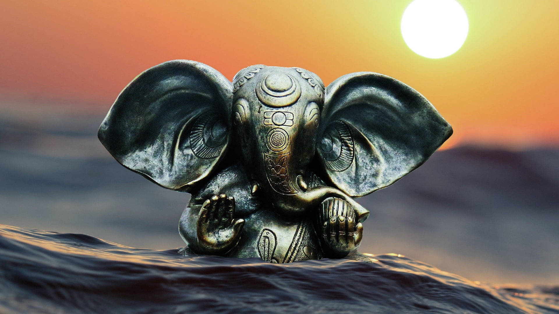 Ganesh, bronze Ganesha statue, ocean waves, Full HD Desktop Wallpaper