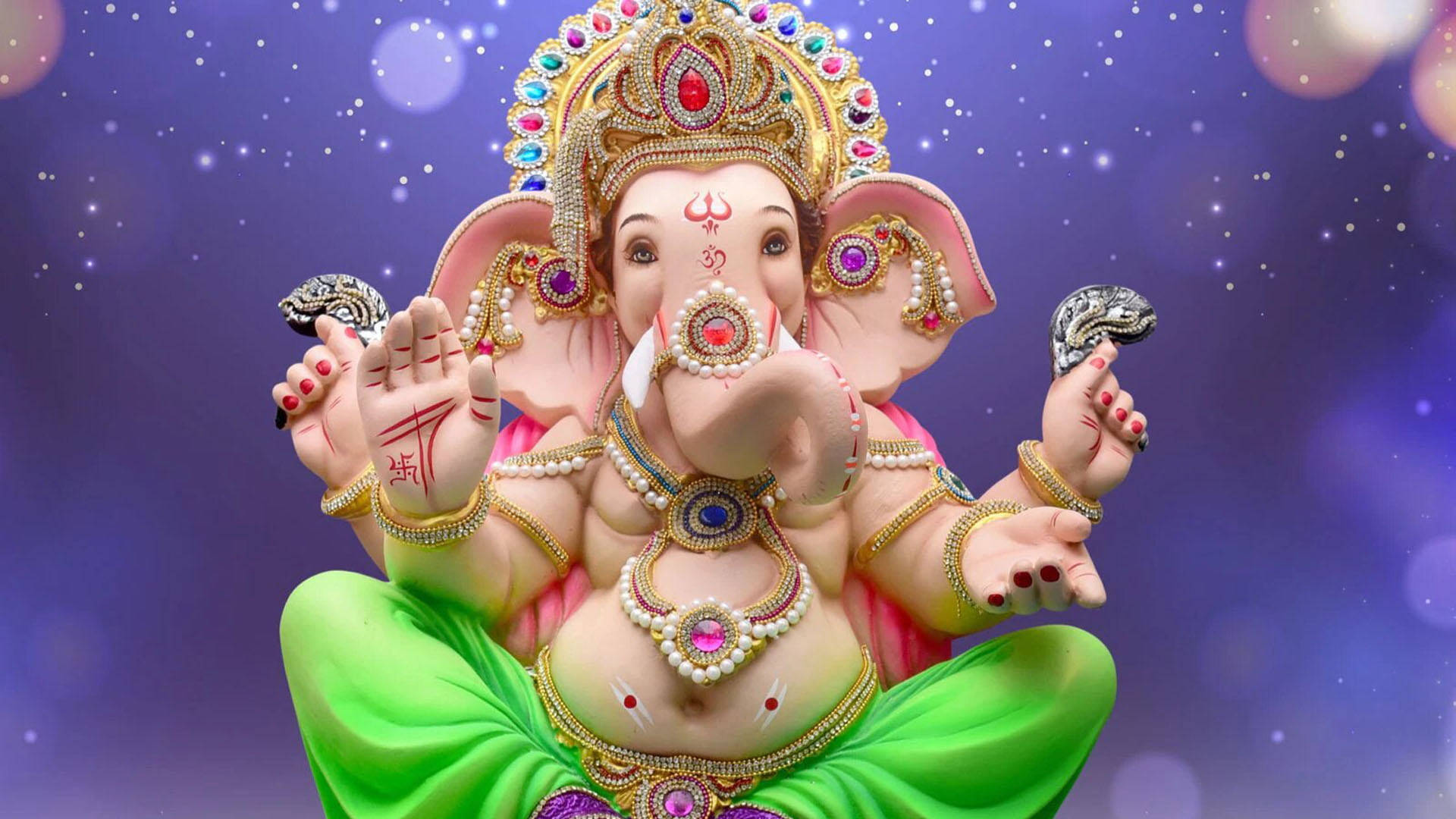purple ganesh, pink Ganesha statue, gold jewels, Full HD Desktop Wallpaper