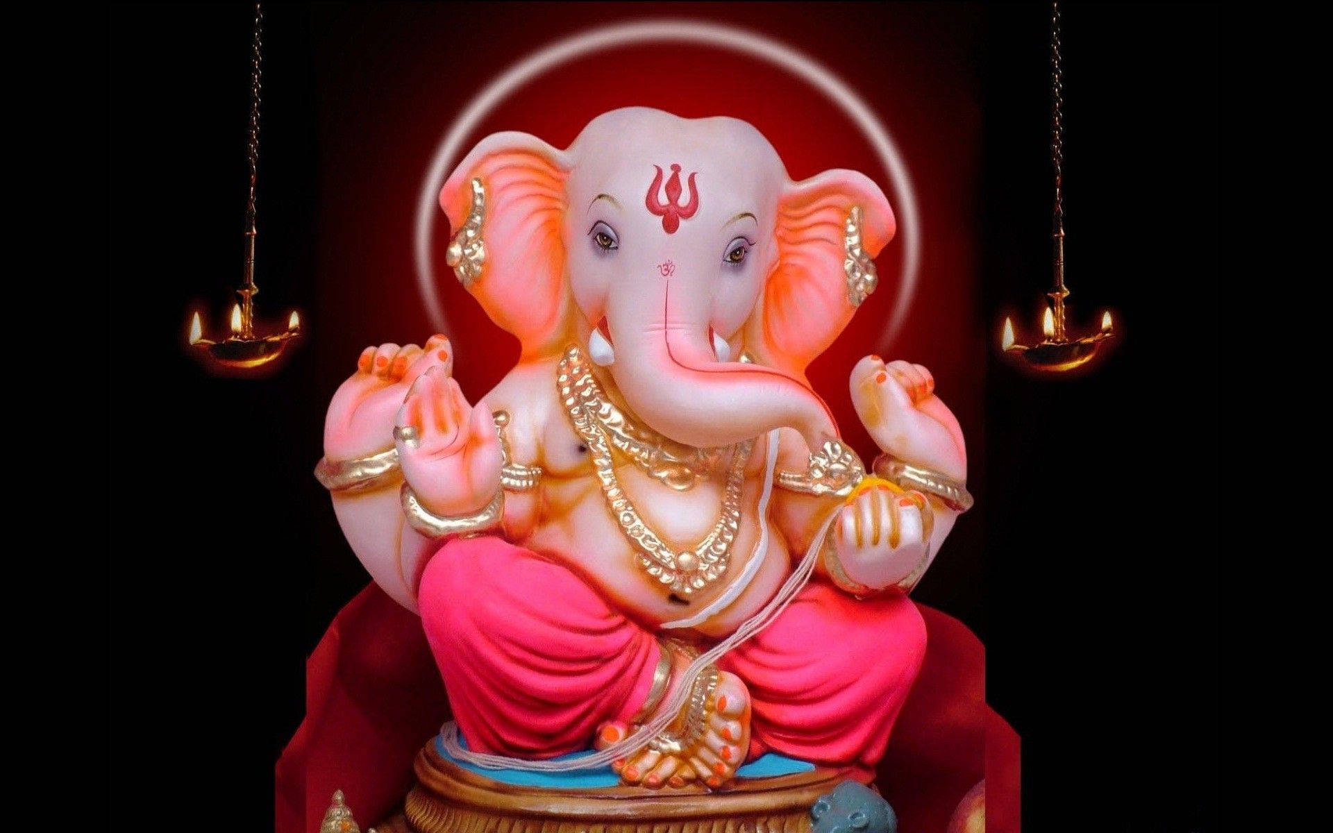 Red Ganesh, pink Ganesha statue, gold jewelry, Full HD Desktop Wallpaper