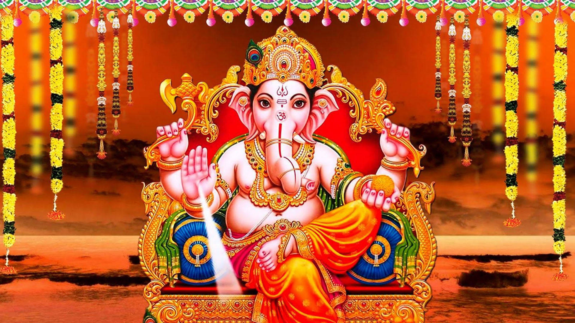 Ganesh, ornate throne, golden garlands, Full HD Desktop Wallpaper