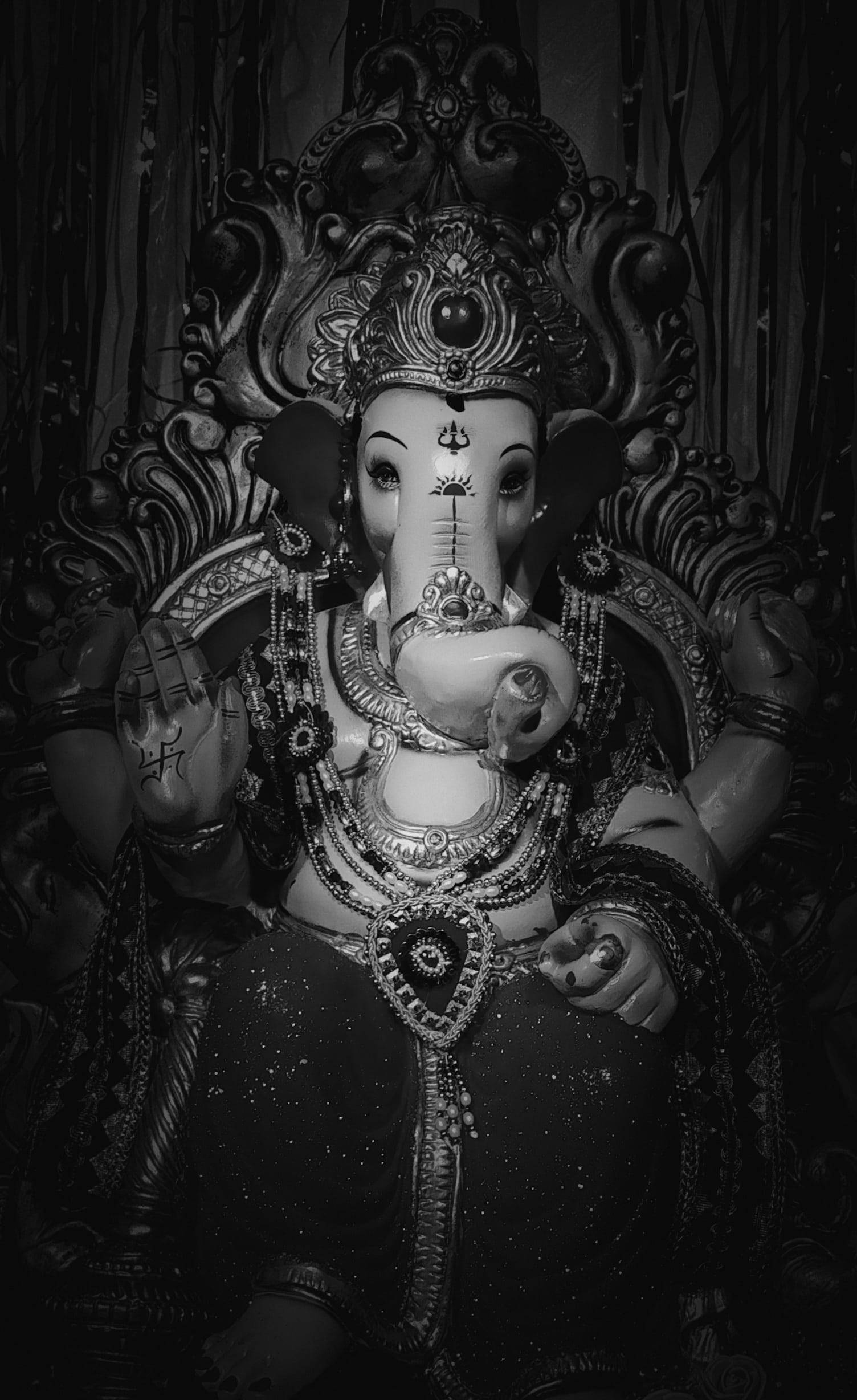 Ganesh, statue, black and white, Full HD Phone Wallpaper